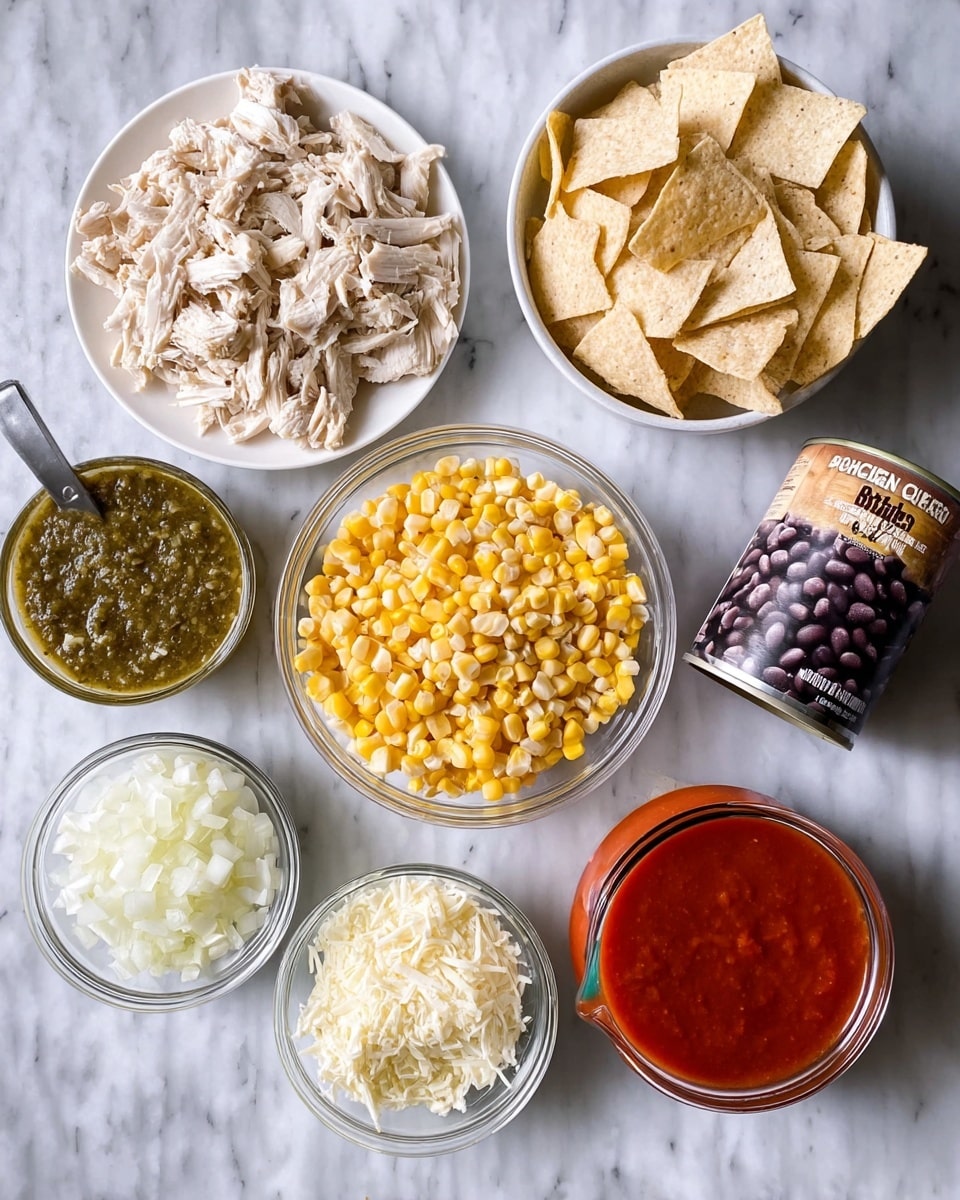 The image shows eight containers of food on a white marbled surface. On the bottom left, there is a white plate filled with shredded white chicken. Above it, there is a clear glass bowl filled with square pieces of light beige tortilla chips. Next to it, on the top right, is a white bowl filled with yellow frozen corn kernels. Below the corn, there is a clear glass bowl filled with finely chopped white onions. In the middle, there is a small glass measuring cup with green salsa. In front of the chicken, there is a clear glass bowl of shredded white cheese. To the right of the cheese bowl, a unopened can of organic black beans is standing. At the bottom right, there is a larger clear glass measuring cup filled with red tomato sauce. The whole scene is lit evenly, and the photo was taken with an iphone --ar 4:5 --v 7
