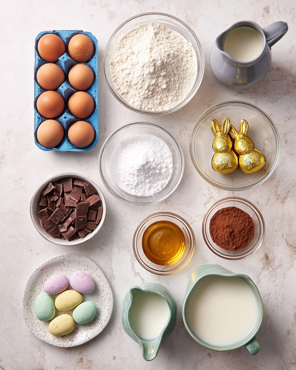 The image shows a clean white marbled surface with various baking ingredients neatly arranged. At the top, there is a large clear glass bowl filled with white flour, next to a grey pitcher containing milk. To the left, there is a turquoise egg tray holding three brown eggs and four small chocolate bunnies wrapped in gold foil. Below, on a white plate, more gold-wrapped chocolate bunnies surround a small clear bowl filled with pastel-colored mini chocolate eggs. In the center, a small glass bowl contains white baking powder, brown cinnamon, and white baking soda. Nearby, a medium glass bowl holds white sugar, and below it is a bowl full of dark brown cocoa powder. A small glass with light amber liquid sits near the center. On the left, a glass bowl with chopped dark chocolate pieces is placed near a small white jug filled with golden oil, while a dark blue pitcher with cream completes the composition on the right. photo taken with an iphone --ar 4:5 --v 7