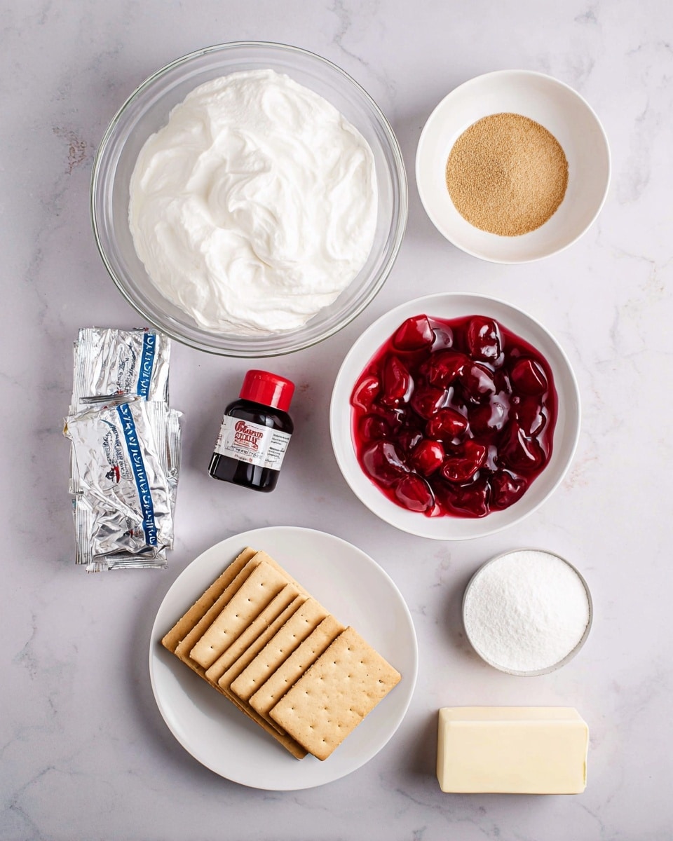 The image shows ingredients arranged on a white marbled surface. At the bottom right, there is a stick of butter with a pale yellow wrapper. Next to it is a black bottle with a red cap. Above that is a white bowl filled with bright red cherry pie filling, glossy with visible cherries. To the left of that is a white bowl with light brown sugar, grainy in texture. In the center is a large clear glass bowl full of thick, fluffy white whipped topping. Below the whipped topping bowl is a small white bowl filled with fine white powdered sugar. At the bottom left, a white plate holds two neat stacks of rectangular graham crackers, light brown in color with small holes. In the top left corner, two blocks of cream cheese in silver wrappers lie stacked on each other. photo taken with an iphone --ar 4:5 --v 7