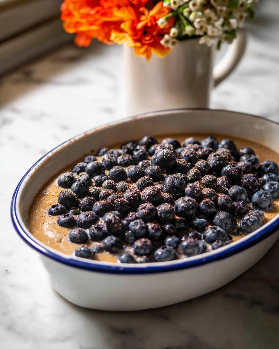 A white bowl with blue rim is filled with two layers: the bottom layer is a smooth, light brown pudding or sauce with a creamy texture, and the top layer is a thick, dense pile of fresh, dark blue to black blueberries that almost cover the entire surface. The blueberries are sprinkled lightly with a fine powder or spice, adding texture contrast. The bowl sits on a white marbled surface, and in the background, there is a white mug holding orange and white flowers, slightly blurred. Photo taken with an iphone --ar 4:5 --v 7