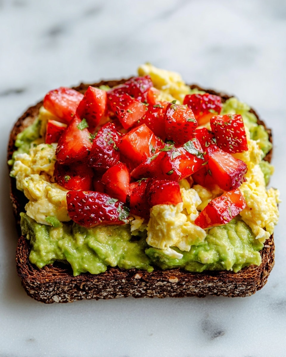 A piece of dark whole grain toast sits on a white marbled surface. The toast is covered with a thick layer of green mashed avocado. On top of the avocado, there is a layer of soft, scrambled eggs with a light yellow color. The very top layer consists of bright red, chopped strawberries, scattered evenly. The mix of green, yellow, and red colors makes the toast look fresh and inviting. photo taken with an iphone --ar 4:5 --v 7