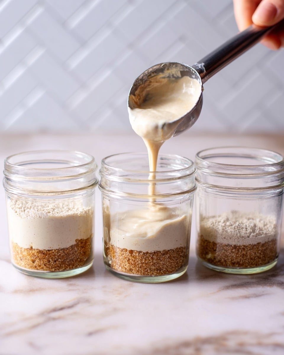 There are three small clear glass jars lined up on a white marbled surface. Each jar contains a bottom layer of coarse brown crumbly texture, about one-fourth of the jar height. A woman's hand with a metal scoop is pouring a thick, off-white creamy mixture into the middle jar, forming a smooth second layer above the crumbly base. The background shows a blurred white tiled wall in a herringbone pattern. Photo taken with an iphone --ar 4:5 --v 7