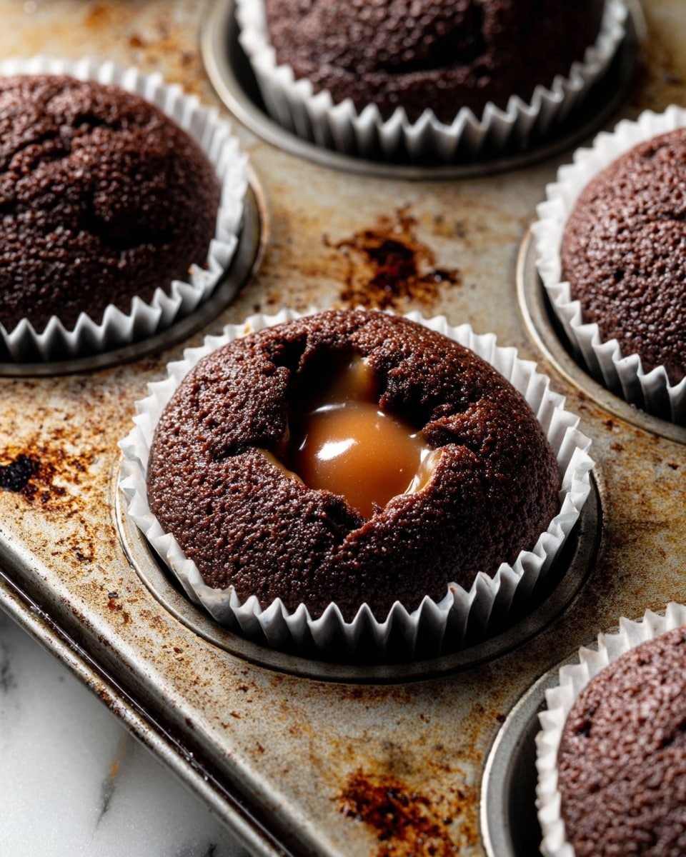 A close-up view of a single chocolate cupcake in a white paper liner, inside an old, scratched metal baking tray with dark spots and rust marks. The cupcake has a rich, dark brown, slightly cracked top with a small pool of smooth light brown caramel filling in the center, which looks glossy and soft. Surrounding cupcakes, also in white paper liners, have dark brown textured tops without any filling showing. The tray rests on a white marbled surface, highlighting the warm tones of the chocolate and caramel. photo taken with an iphone --ar 4:5 --v 7