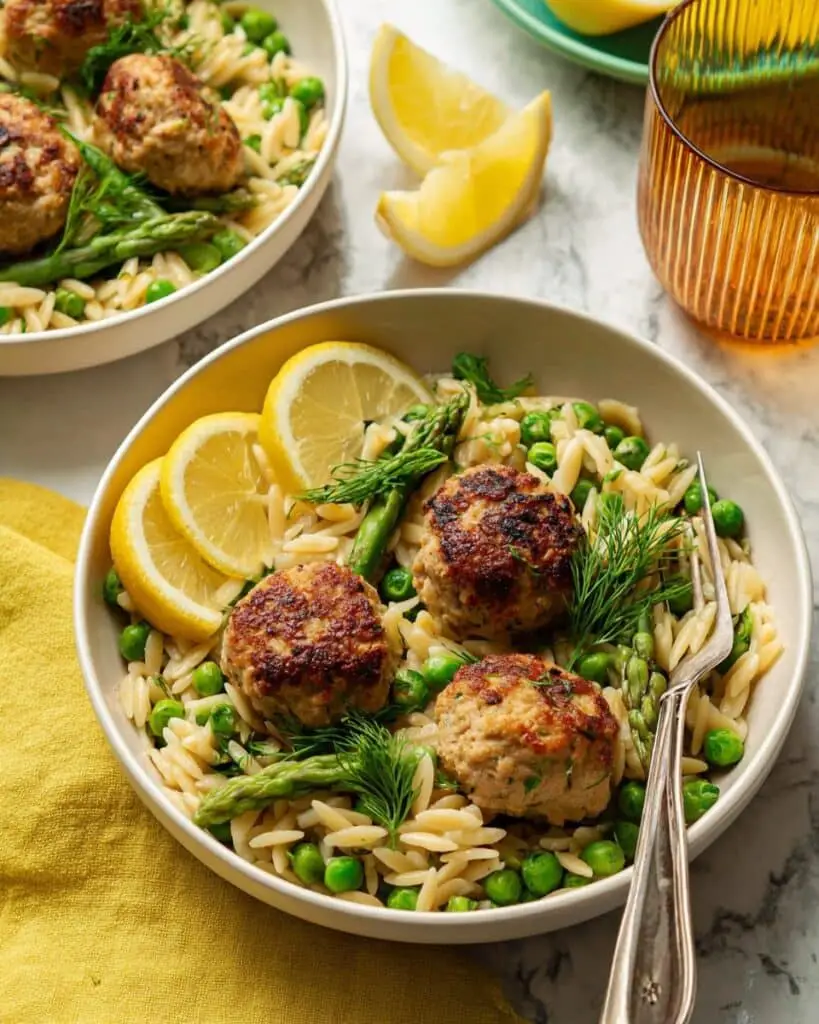 Lemon Herb Chicken Meatballs with Orzo & Asparagus Recipe