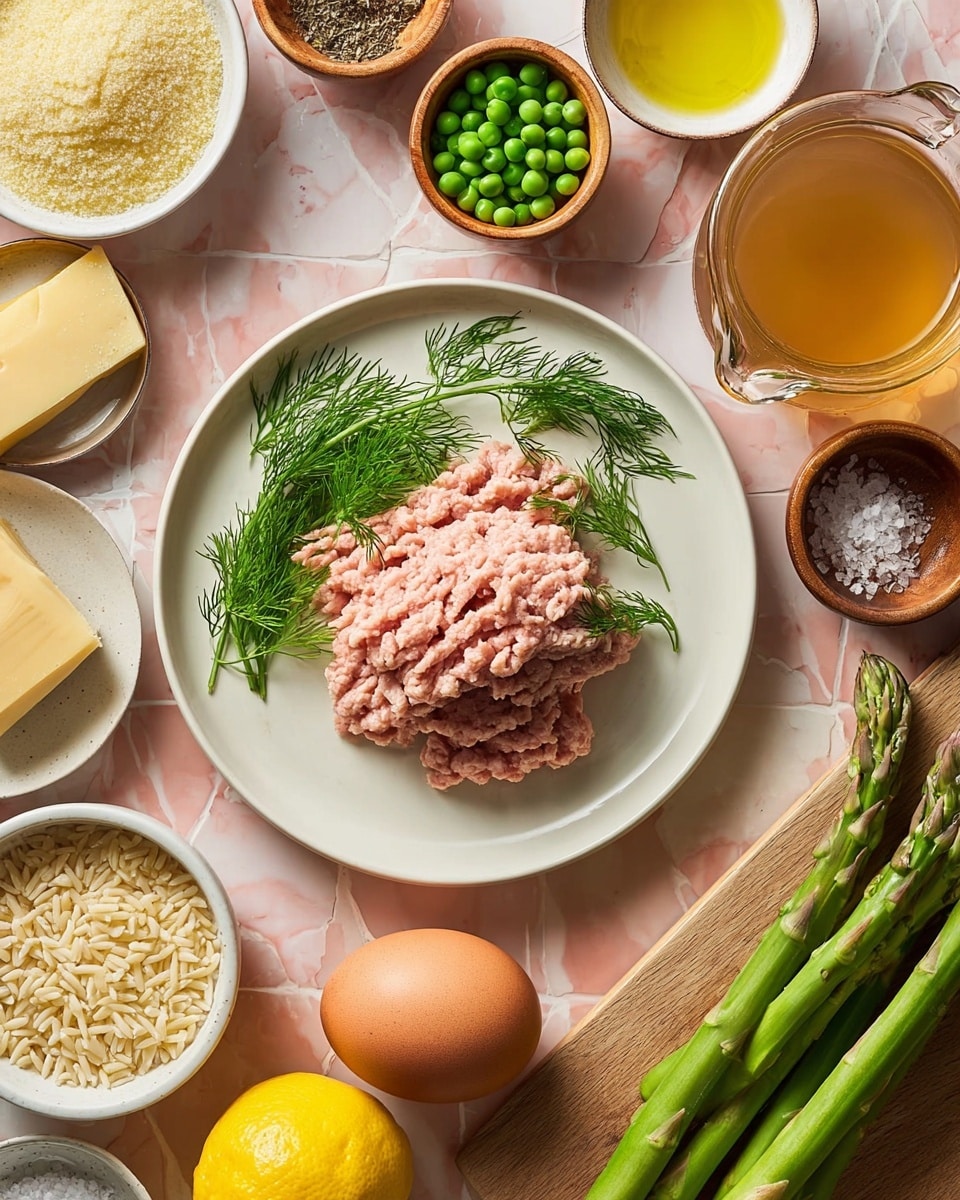 A white plate sits in the center with a pile of light pink ground meat layered loosely, topped with bright green parsley and dill sprigs on opposite sides. Around the plate, there is a bright yellow lemon, a brown egg in a small white bowl, and fresh green asparagus stalks placed on a white marbled surface. Nearby, round white bowls hold pale green peas, uncooked rice, and some spices including salt and pepper in small wooden bowls. A chunk of pale yellow cheese rests on a wooden board, a small dish has a butter slice, and a small bowl contains a light yellow liquid, likely oil. A clear glass container holds a light brown broth stacked on the pink tiles. Photo taken with an iphone --ar 4:5 --v 7