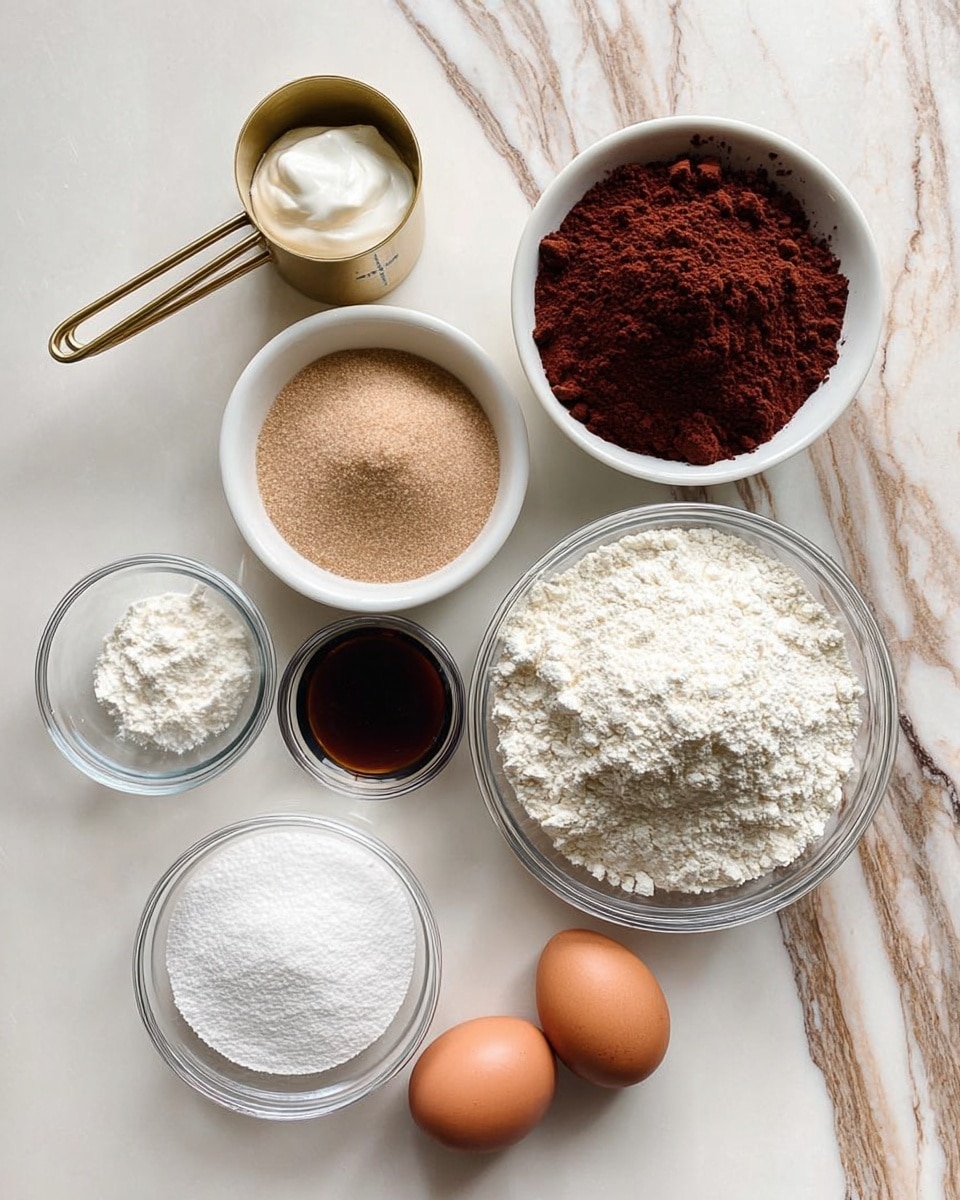 There are eight ingredients arranged neatly on a white marbled surface. In the top left is a gold and white measuring cup with a dollop of white cream inside. Next to it on the right is a white bowl filled with dark reddish-brown cocoa powder. Below the cocoa powder is a large clear glass bowl filled with white flour. To the left of the flour bowl is a white bowl filled with light brown sugar. Below the sugar bowl is a small clear bowl with a dark brown liquid, likely vanilla extract. To the left of that is a small clear bowl with white powder, probably baking powder or baking soda. In the bottom left is a gold and white measuring cup filled with white powdered sugar. Near the center bottom of the image, there are two brown eggs placed close to each other. The entire setup is on a white marbled surface with brown streaks, and the lighting is bright and natural. photo taken with an iphone --ar 4:5 --v 7