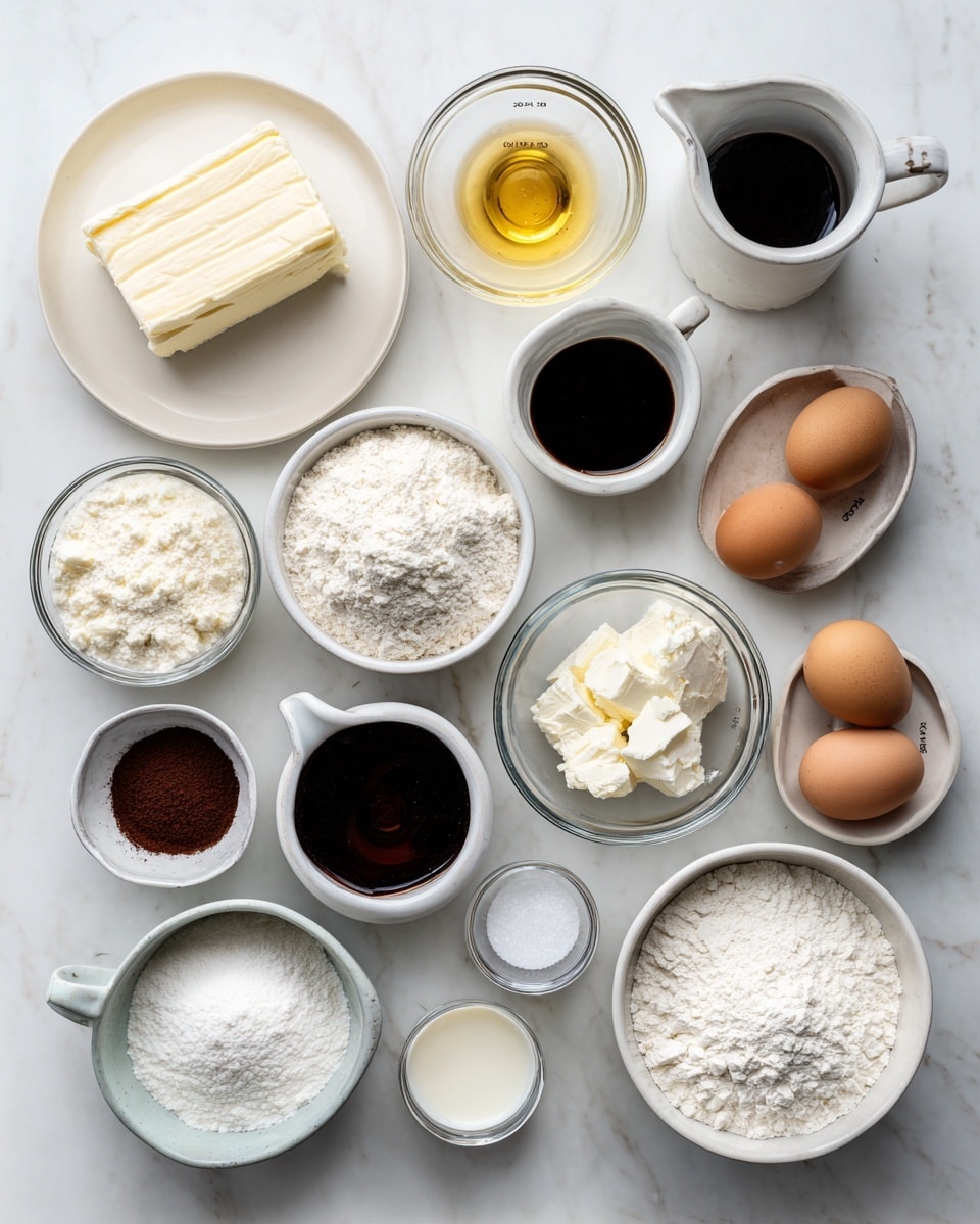 The image shows a collection of baking ingredients neatly arranged on a white marbled surface. There are 14 different ingredients, each in clear or white bowls and small pitchers, spaced out with black text labels above or next to them. Starting from the top left and going clockwise, there's a block of cream cheese on a white plate, a small clear bowl of vinegar, a clear measuring cup with vegetable oil, a white bowl filled with all-purpose flour, a small white bowl holding butter, a small clear bowl with dark gel icing color, a large clear bowl full of sugar, a small clear bowl with eggs, a medium clear bowl with powdered sugar, a clear measuring cup with buttermilk, a small clear bowl with cocoa powder, a small white bowl with baking powder, a small white bowl with heavy cream, a small clear bowl with baking soda, a tiny clear bowl of salt, and a small clear bowl with vanilla extract in the center. The whole setting looks clean and bright, with good lighting. photo taken with an iphone --ar 4:5 --v 7