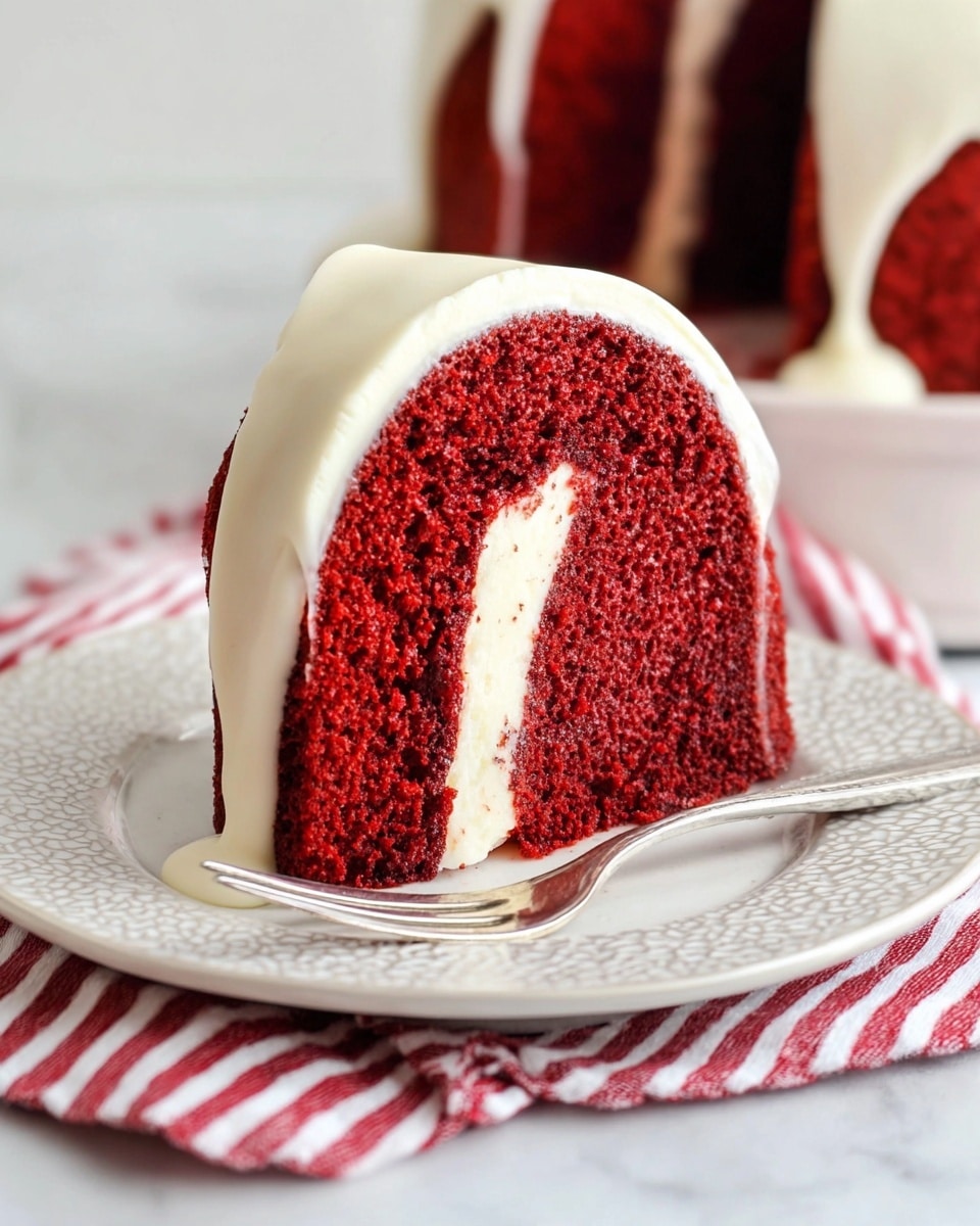 A rich dark brown bundt cake with a slightly rough texture, topped with thick white icing that drips evenly over the ridges down the sides, sitting on a white cake stand with a smooth wooden base. The stand rests on a red and white striped cloth, all placed on a white marbled surface and background. photo taken with an iphone --ar 4:5 --v 7