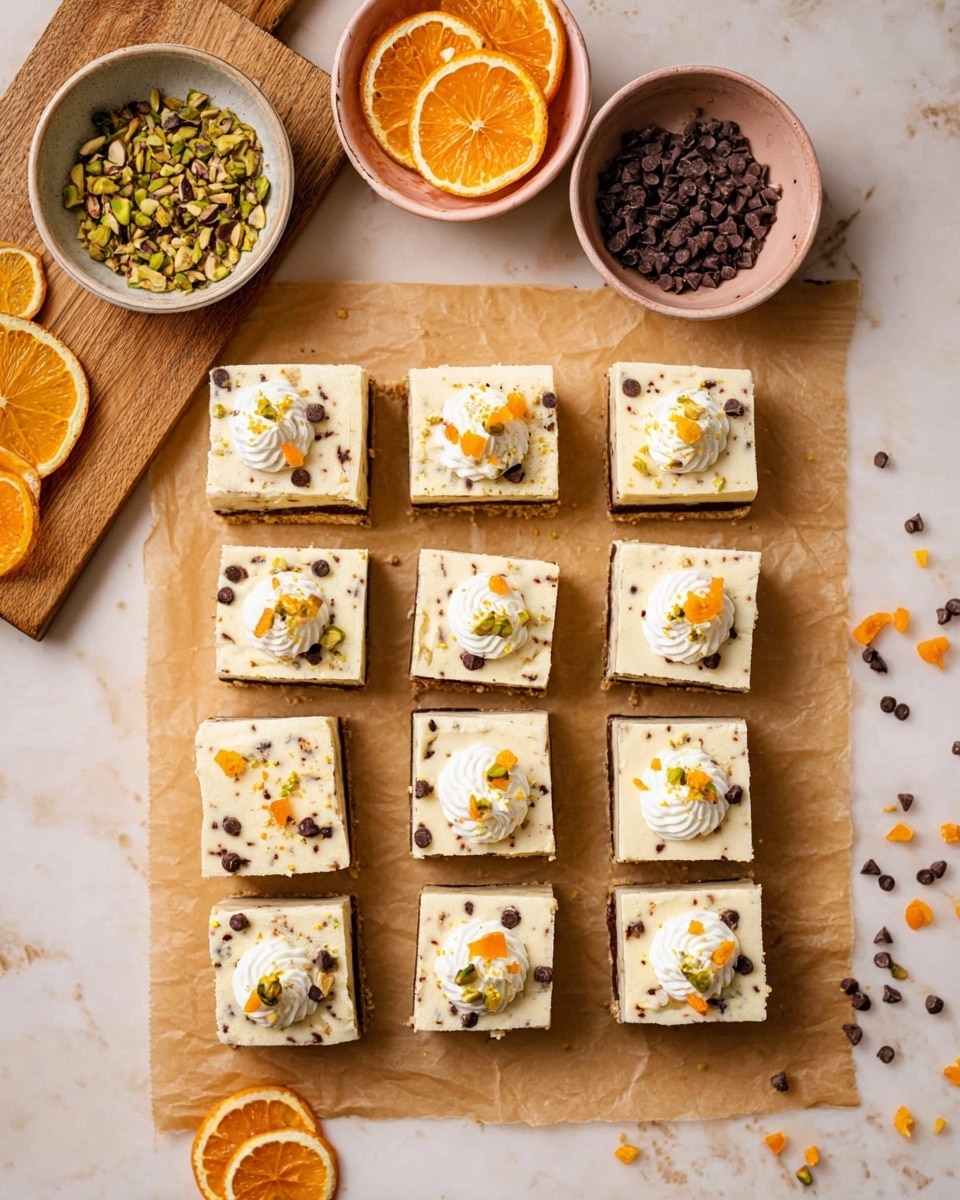 A flat layout of fifteen square dessert pieces arranged in a 3 by 5 grid on brown parchment paper over a white marbled surface. Each square has two visible layers: a thick creamy pale beige top layer speckled with tiny dark bits and a thin darker brown base layer. The top is lightly decorated with small orange fruit pieces, dark chocolate chips, and green nut bits, with some squares adorned with a small swirl of white cream also topped with the same garnishes. At the top left of the image, a wooden cutting board holds a white bowl filled with green nut bits, a light pink bowl filled with dark chocolate chips, three dried orange slices, and small orange pieces scattered around. Some chocolate chips are sprinkled on the white marbled surface near the parchment paper. Photo taken with an iphone --ar 4:5 --v 7
