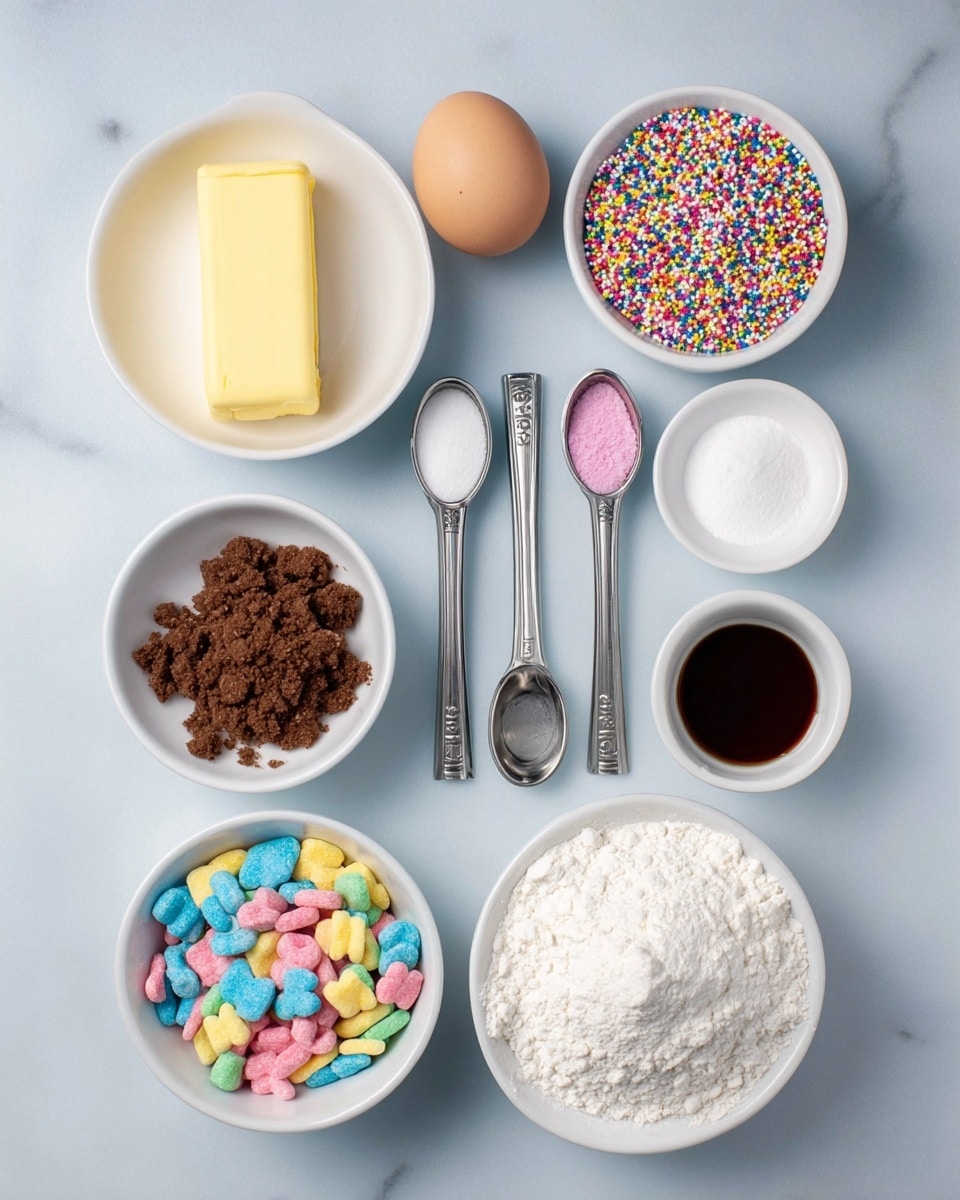 The image shows a flat lay of baking ingredients on a white marbled texture. There is one raw egg near a small white bowl with a slab of yellow butter. Four metal measuring spoons hold small amounts of pink salt, white powder, dark brown liquid, and a light cream liquid, placed in a line below the egg. White bowls hold white granulated sugar, dark brown sugar clumped in chunks, white flour, white powdered sugar, colorful round and long sprinkles, and multicolored cereal pieces consisting of pink, blue, yellow, and green shapes. The scene is neat and organized with good light, photo taken with an iphone --ar 4:5 --v 7
