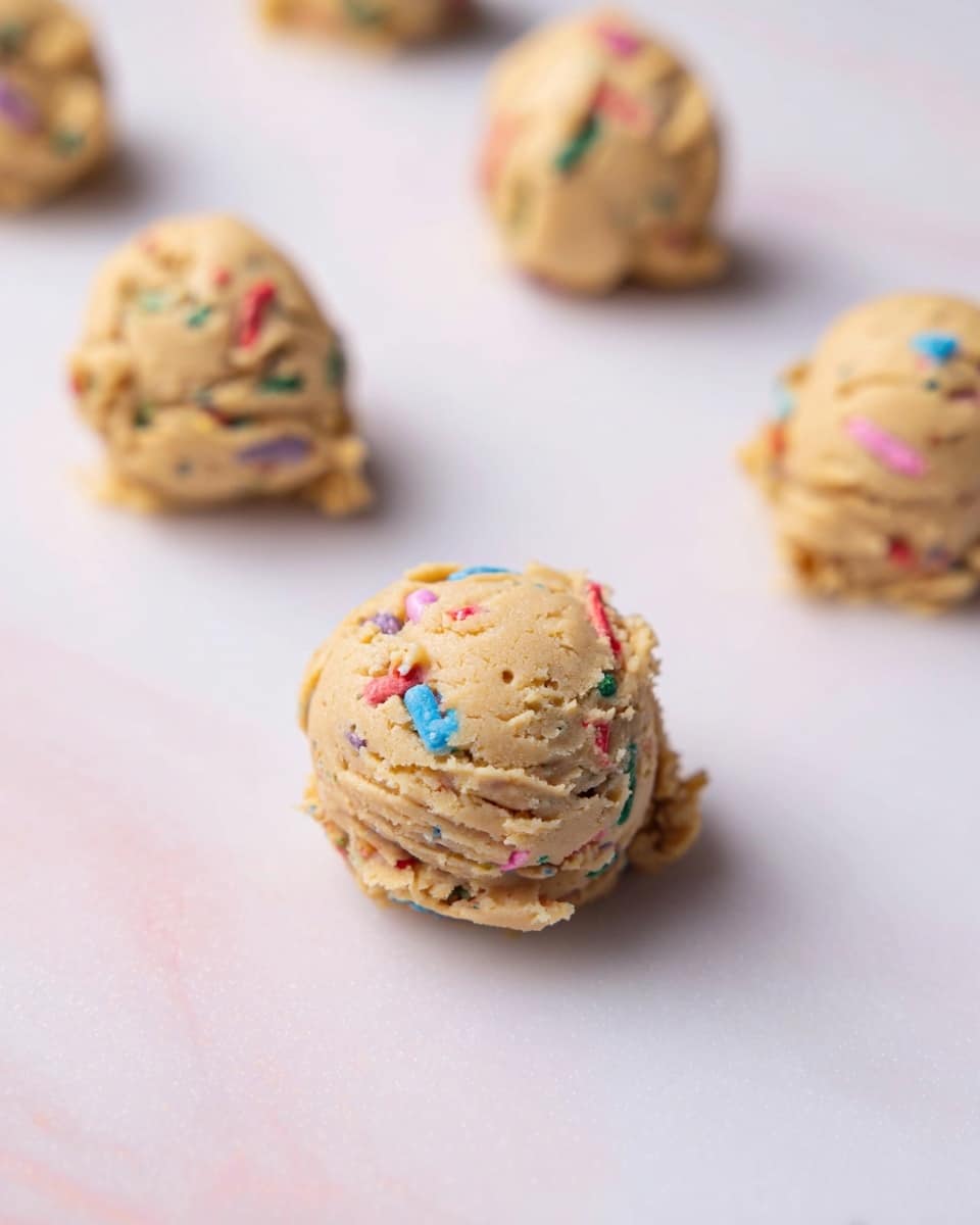 Five round scoops of light brown cookie dough with colorful sprinkles are placed spaced apart on a smooth white marbled surface. The dough scoops have a slightly rough texture with visible small cracks and bits of red, blue, green, and purple sprinkles embedded throughout. The focus is on the front middle scoop, with the others softly blurred in the background, creating depth. photo taken with an iphone --ar 4:5 --v 7