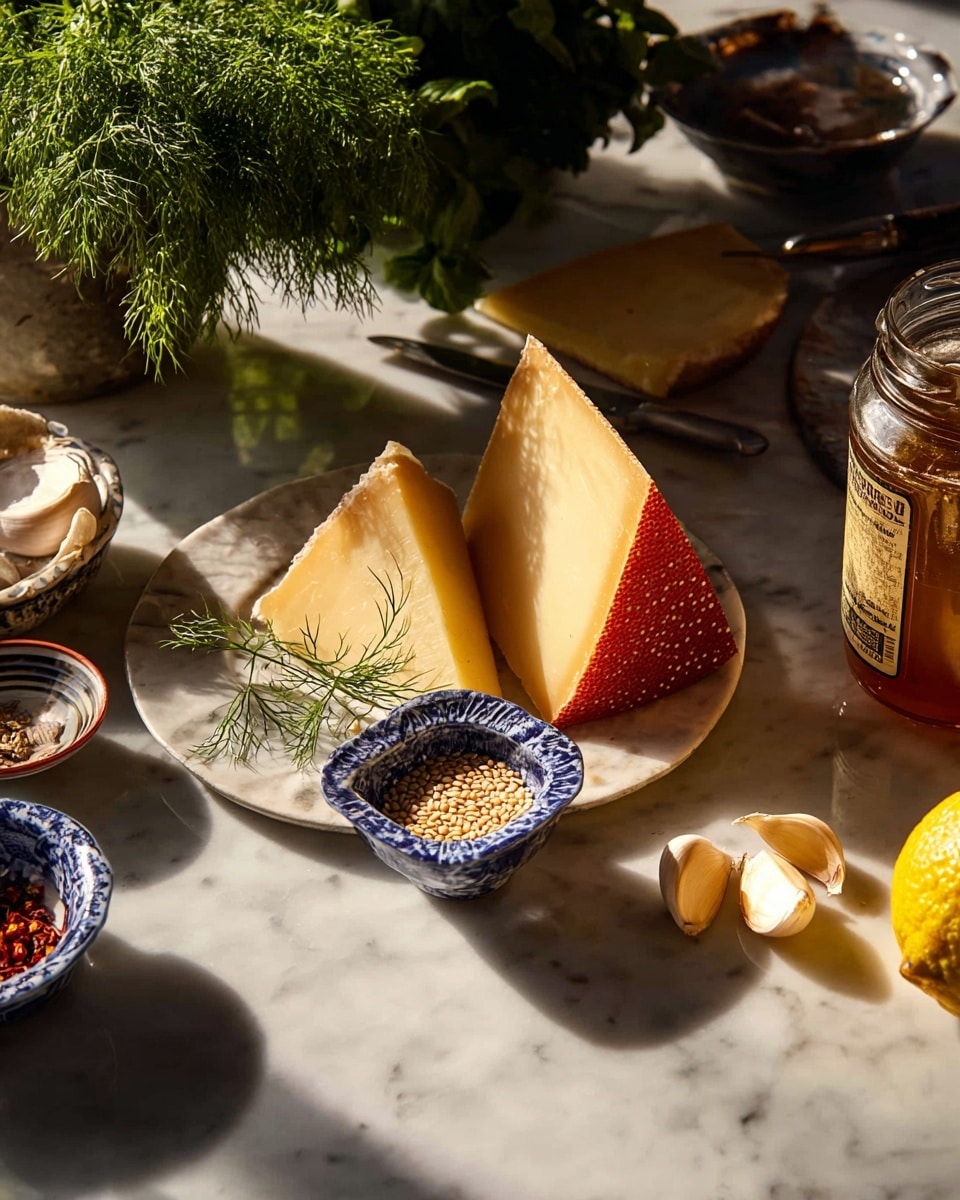 A white plate holds two large wedges of cheese, one with a smooth red rind and pale yellow body, the other a light tan with a slightly rough texture, placed next to a small blue and white patterned bowl filled with sesame seeds topped with a small sprig of green dill. Surrounding the plate on a white marbled surface are three peeled garlic cloves, a lemon half, and some red chili flakes on a small dish. Behind the plate is a bowl full of green fresh herbs and to the right, a bowl with a knife resting on a jar filled with thick honey. The soft natural light creates gentle shadows and highlights the textures of the ingredients photo taken with an iphone --ar 4:5 --v 7