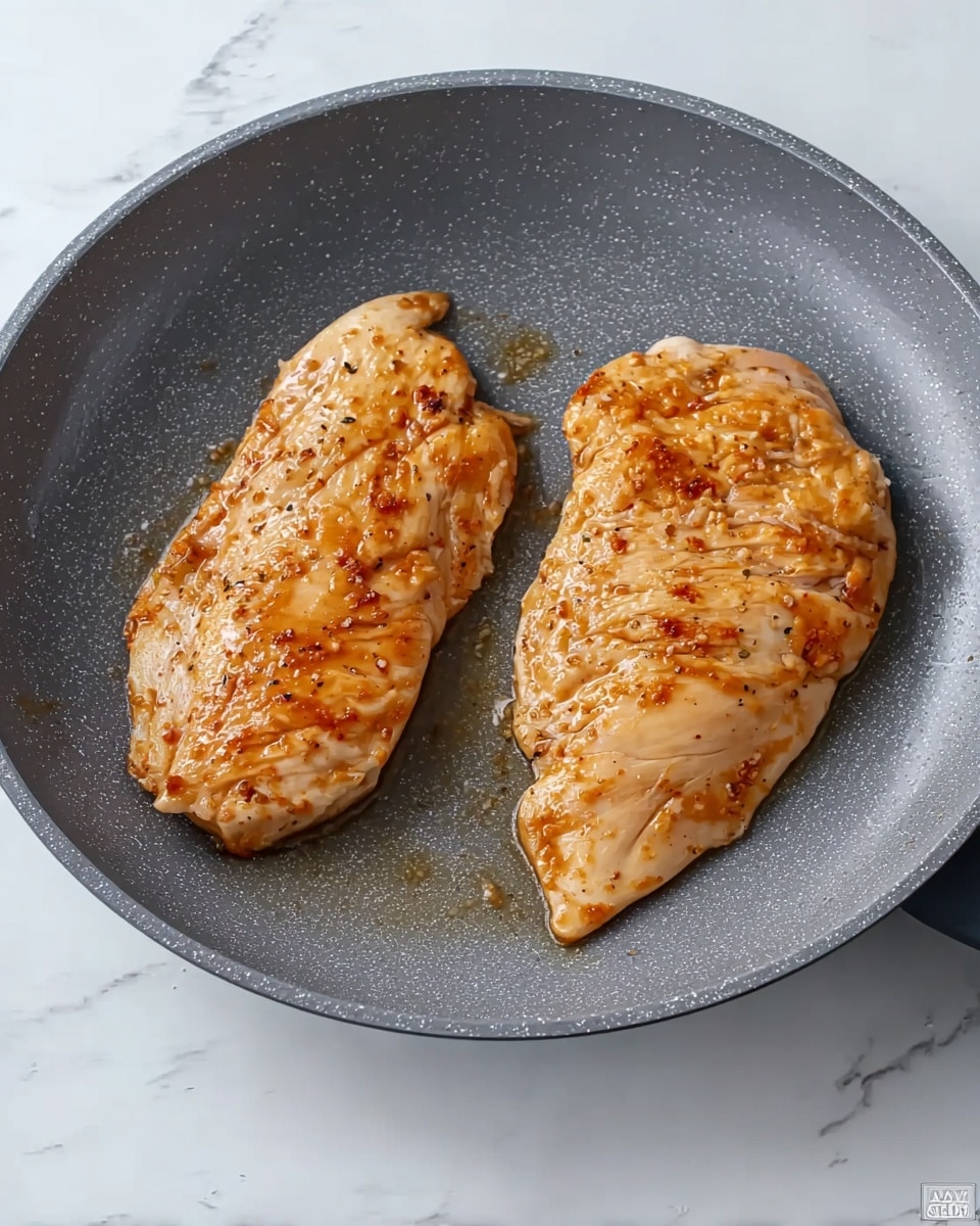 Two pieces of cooked chicken lay flat on a gray non-stick pan, both showing a light golden-brown color with some crispy edges. The chicken pieces have a slightly uneven surface texture with small cracks and a few darker spots, indicating they have been cooked through. The pan rests on a white marbled surface. photo taken with an iphone --ar 4:5 --v 7