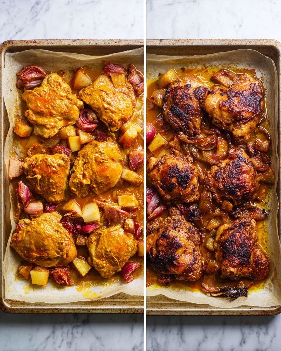 The image shows two side-by-side photos of chicken thighs on a baking sheet lined with parchment paper, placed on a white marbled surface. The left photo displays raw chicken thighs covered in a thick orange marinade with pieces of chopped red apple and onions scattered on top and around the chicken, giving the scene a mix of orange, red, and white colors. The right photo shows the chicken thighs after cooking, with a charred, browned crispy appearance and the apple and onion pieces darkened and caramelized, sitting in a layer of cooked juices, all inside the same baking sheet. photo taken with an iphone --ar 4:5 --v 7