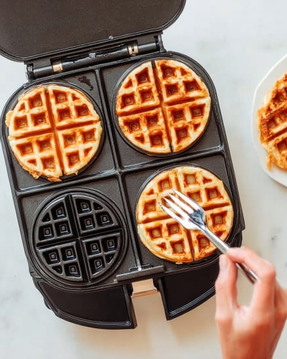 The image shows a black waffle maker with four round waffle molds. Three waffles are fully cooked and golden brown with an even grid pattern, placed in the top left, top right, and bottom left molds. The bottom right mold is empty and still black. A woman's hand holding a metal fork is lifting or checking one waffle near the bottom of the empty mold. The waffle maker is on a white marbled surface, and part of a golden brown waffle is visible on the right side outside the maker. Photo taken with an iphone --ar 4:5 --v 7