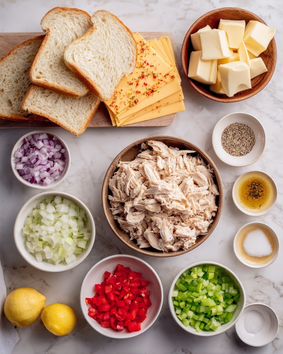 The image shows ingredients for a chicken sandwich arranged neatly on a white marbled surface. In the center, there is a brown bowl with shredded light beige chicken pieces. Around it, on white bowls, are chopped red onions, green celery, white mayonnaise, and bright red diced bell pepper. Three slices of sourdough bread with a light tan crust and soft inside are placed on the left bottom. Above the chicken bowl, there are three slices of pale yellow cheese with red and green spices. To the right top, a small wooden bowl holds several chunks of light yellow butter. There are also small round wooden bowls containing black pepper and white salt. A small bowl with pale yellow Dijon mustard sits near the bottom left, next to two yellow lemon halves. The overall layout is clean, bright, and organized, with the ingredients clearly visible and colorful. Photo taken with an iphone --ar 4:5 --v 7