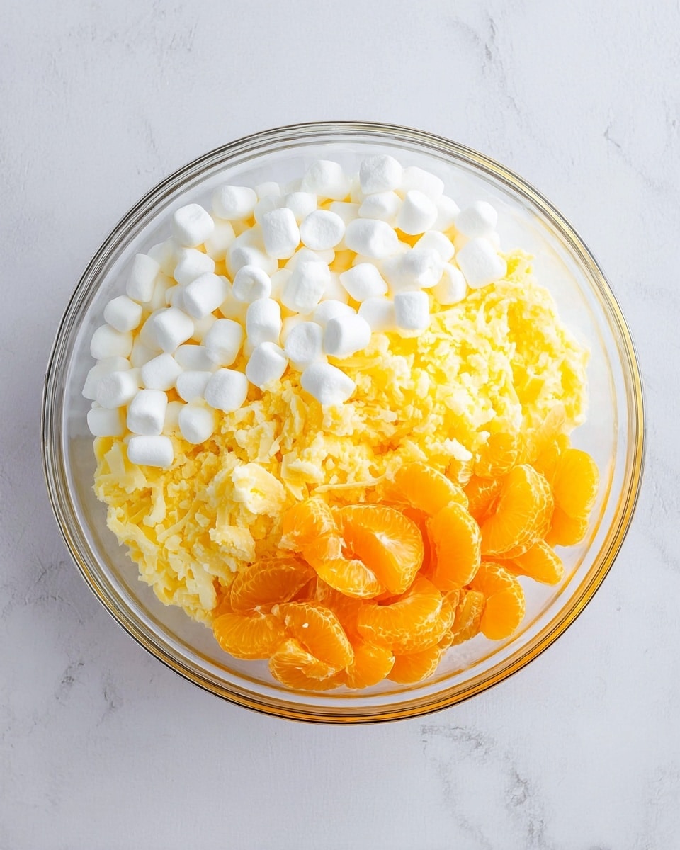 A clear glass bowl sits on a white marbled surface, filled with three main layers of ingredients. On one side, small white marshmallows cover nearly half of the space. Next to them is a bright yellow layer made of shredded pineapple. On the other side, bright orange mandarin slices are piled in a small mound. The layers are set closely together, creating a colorful and fresh mix within the transparent bowl. Photo taken with an iphone --ar 4:5 --v 7