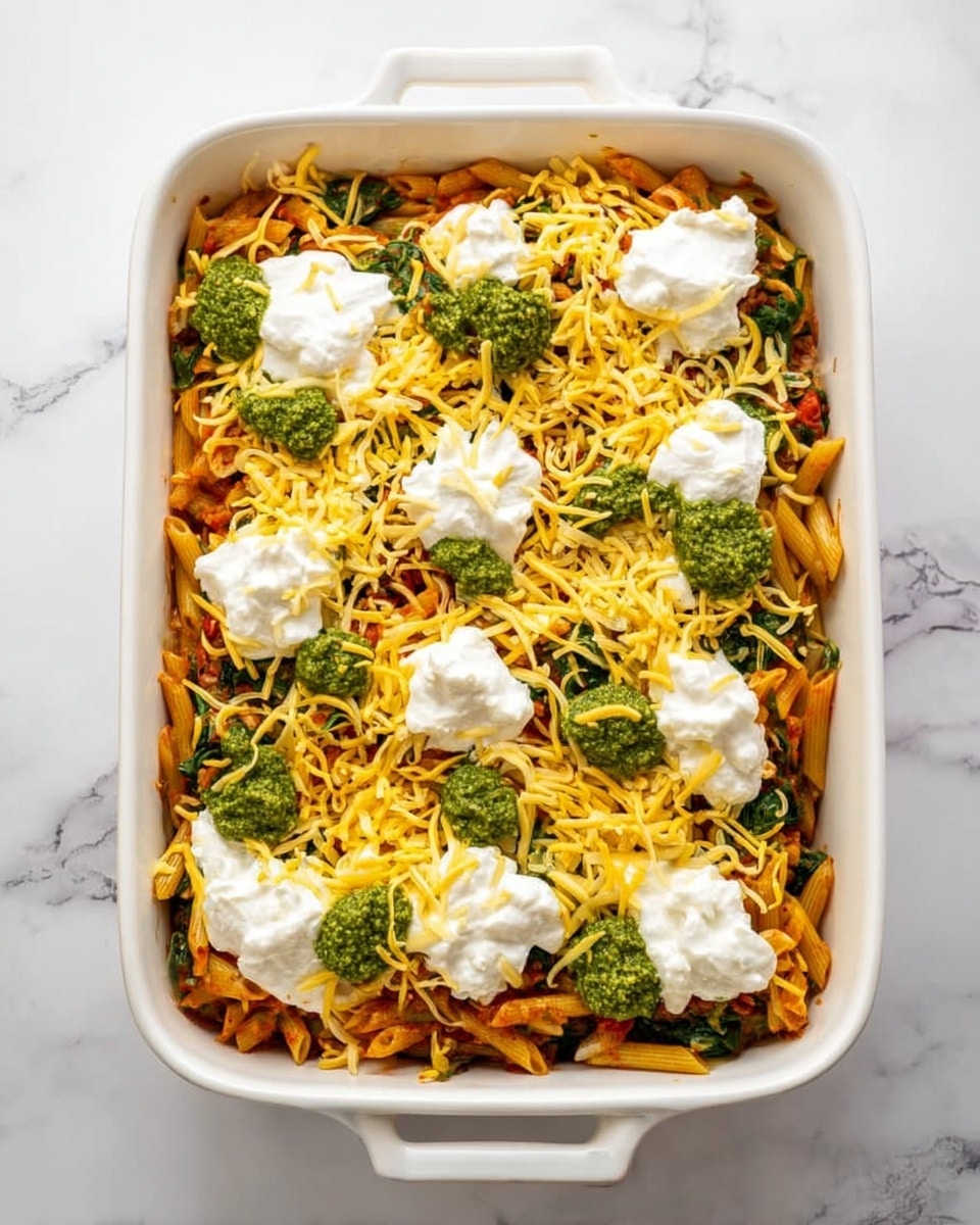 A white rectangular baking dish filled with three layers of food visible from the top: the bottom layer is pasta mixed with a reddish sauce and green spinach leaves scattered throughout; the middle layer consists of shredded yellow cheese sprinkled evenly over the pasta; the top layer has dollops of white soft cheese and green pesto sauce spread in small mounds across the dish. The dish is set on a white marbled surface. photo taken with an iphone --ar 4:5 --v 7