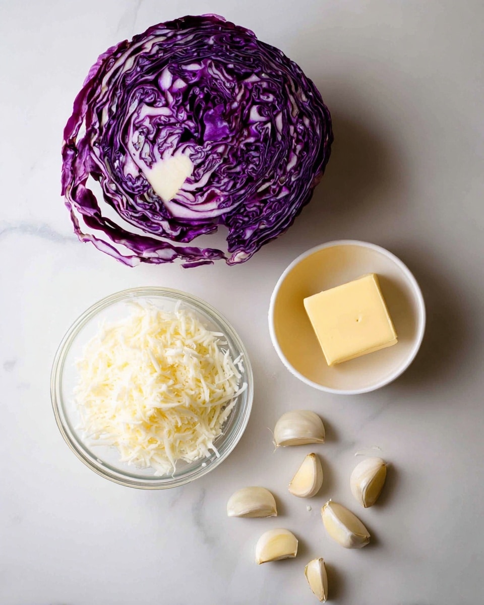 A close-up view of cooking ingredients on a white marbled surface shows a half head of purple cabbage with detailed wavy layers of deep and light purple and white. Below it, a clear glass bowl filled with white shredded cheese sits next to a small white bowl holding a solid block of yellow butter. To the right of these bowls, several peeled and unpeeled garlic cloves are scattered on the surface, showing their white and light beige skins. The image captures the fresh colors and textures of all ingredients in natural light. photo taken with an iphone --ar 4:5 --v 7