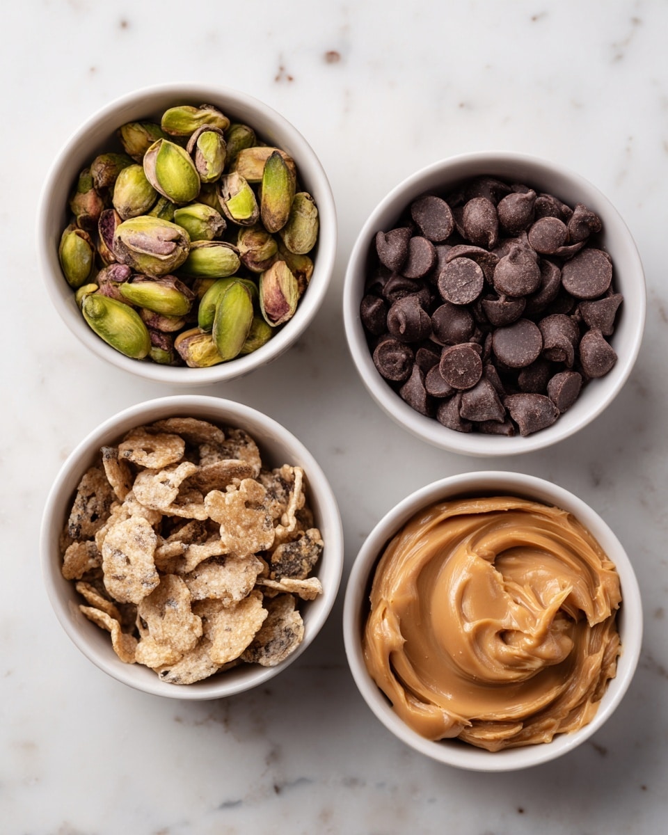 Four small white bowls are arranged on a white marbled surface. The top left bowl holds salted pistachios, which are green and brown with a rough texture and some broken pieces. The top right bowl contains dark chocolate chips, round and dark brown with a smooth, flat surface. The bottom left bowl is filled with ancient grain cereal, light brown and puffed with varied shapes, looking dry and crunchy. The bottom right bowl has peanut butter, smooth and creamy, light brown in color with a slightly shiny surface. photo taken with an iphone --ar 4:5 --v 7
