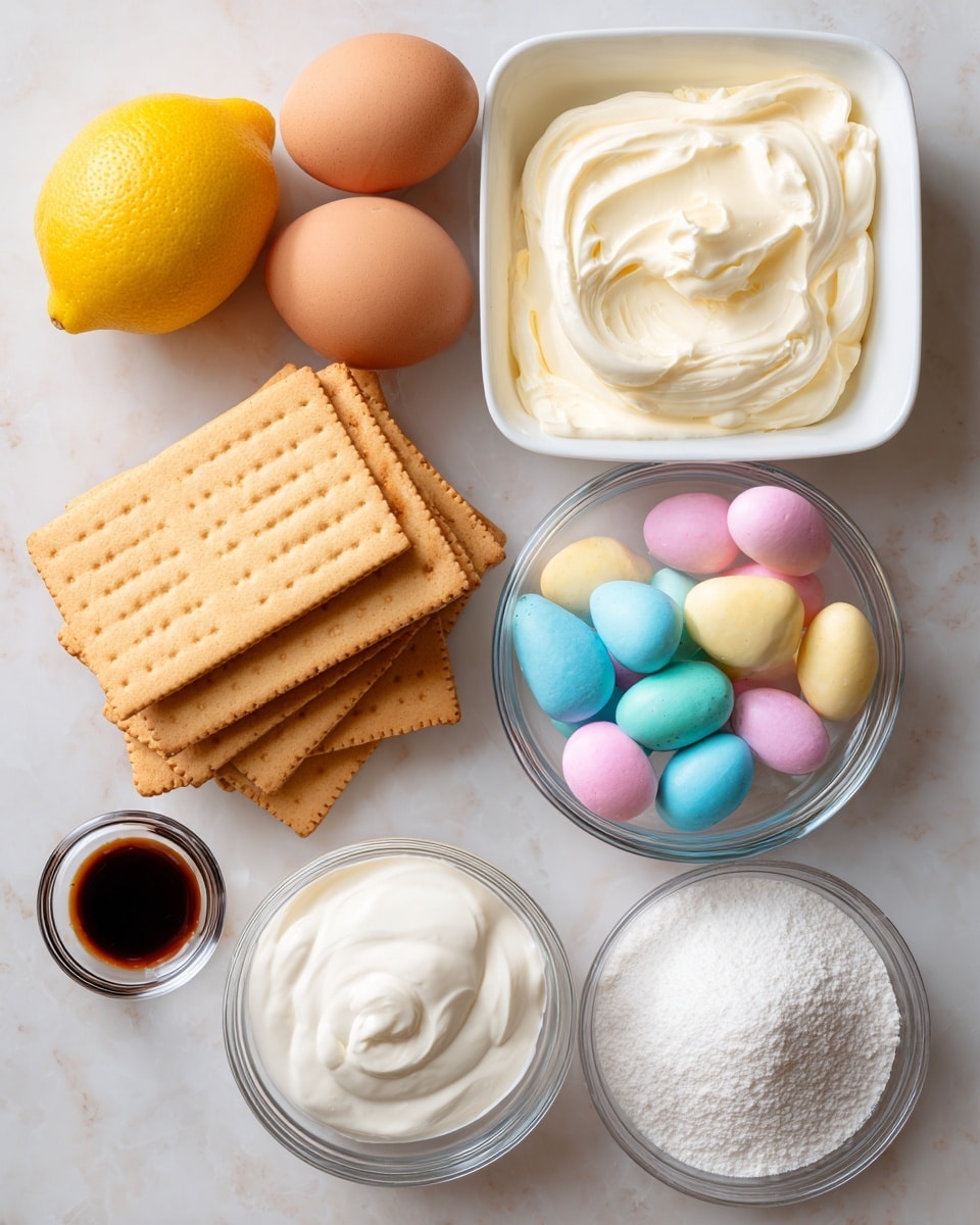 The image shows several baking ingredients arranged neatly on a white marbled surface. There are two brown eggs placed near the top left, a whole yellow lemon below them, and a stack of square golden shortbread cookies with a simple patterned surface in the center. To the right of the cookies, a white square dish holds smooth, creamy white cream cheese. Above the cream cheese is a small white bowl filled with colorful pastel mini Cadbury eggs in soft pink, blue, yellow, and white shades. Below the lemon, a clear round bowl contains white sour cream with a smooth texture. To the bottom left, a small clear bowl holds a small amount of dark vanilla extract, and beside it is another clear bowl with a rectangular piece of pale yellow butter. Finally, at the bottom right, there is a large clear bowl filled with fine white sugar. The scene is well-lit and organized with a soft, natural look, photo taken with an iphone --ar 4:5 --v 7