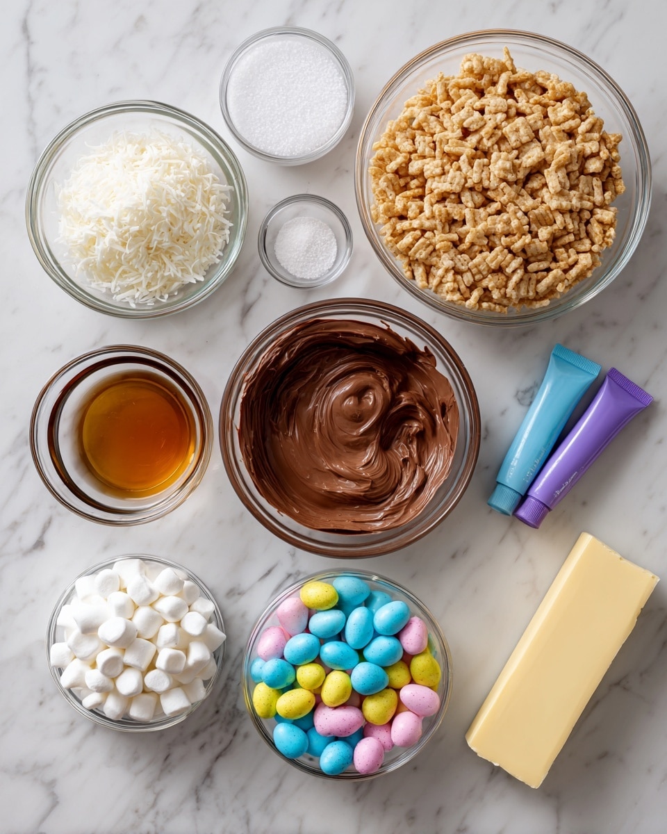 The image shows a top view of several clear glass bowls and one clear glass dish arranged on a white marbled surface. There are seven bowls in total: one bowl with white shredded coconut at the top left, a bowl filled with light golden brown rice krispies at the top right, a central bowl with smooth, rich brown Nutella, a small bowl with clear light brown vanilla extract also near the center, a bowl filled with colorful pastel Cadbury mini eggs in blue, yellow, pink, and white below the vanilla, a bowl full of small white mini marshmallows at the bottom left, and a small glass dish holding a pale yellow stick of butter at the bottom right. Two tubes of gel food coloring in purple and blue are placed near the rice krispies bowl. There is also a tiny clear bowl with white salt near the center-left. All items are arranged neatly on the white marbled surface. photo taken with an iphone --ar 4:5 --v 7