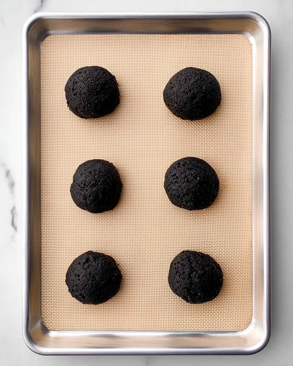 Six dark black round dough balls are spaced evenly in two columns of three on a beige baking mat with fine grid texture, which is placed on a silver metal baking tray. The dough balls have a rough, crinkled surface and sit on the mat against a white marbled background. photo taken with an iphone --ar 4:5 --v 7