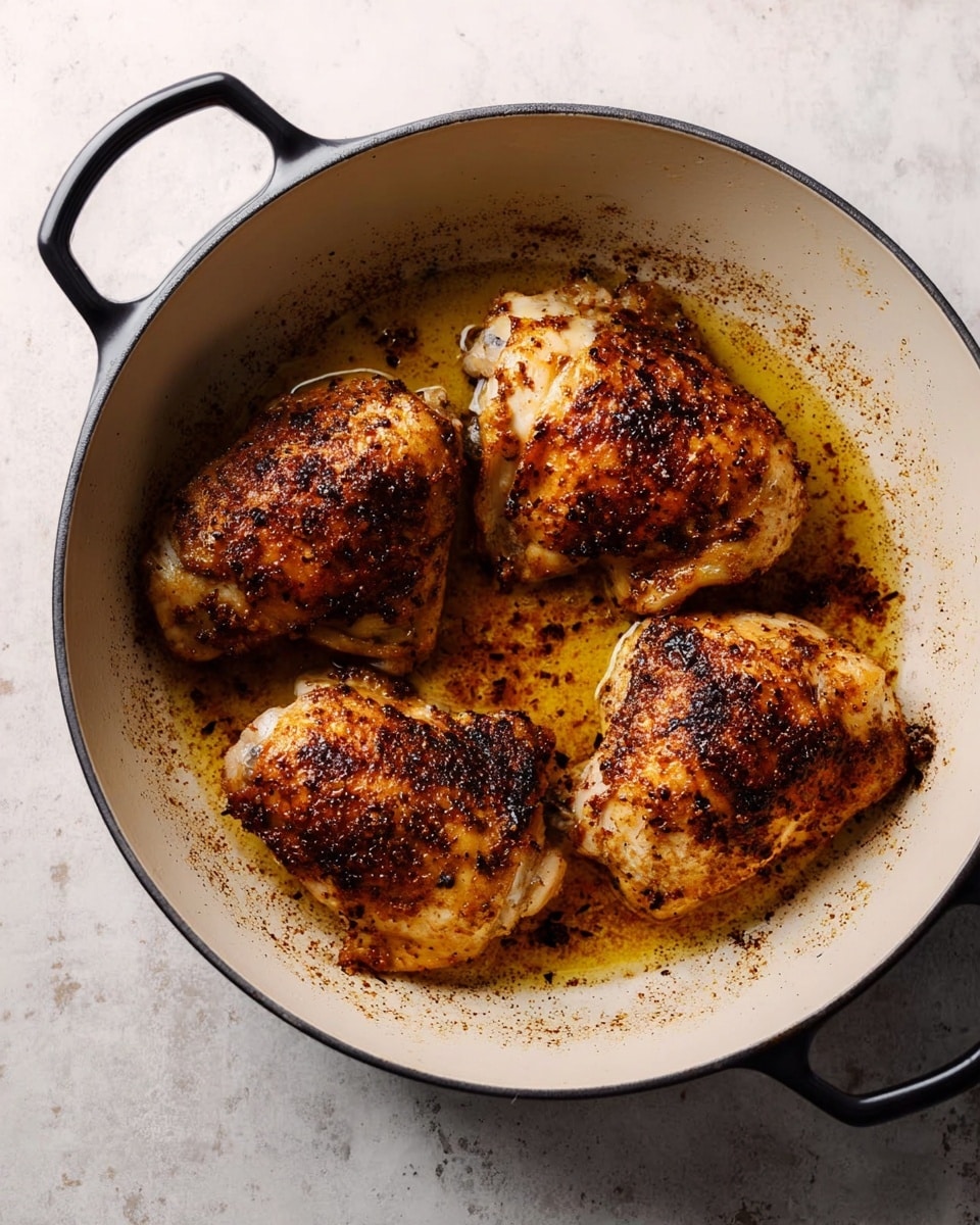 Four browned chicken pieces with a crispy texture lie in a white enamel pan with black handles. The chicken has a golden to dark brown color with a slightly rough, seared surface. The pan shows a thin layer of oil with small browned bits around the chicken. The background is a white marbled surface. photo taken with an iphone --ar 4:5 --v 7