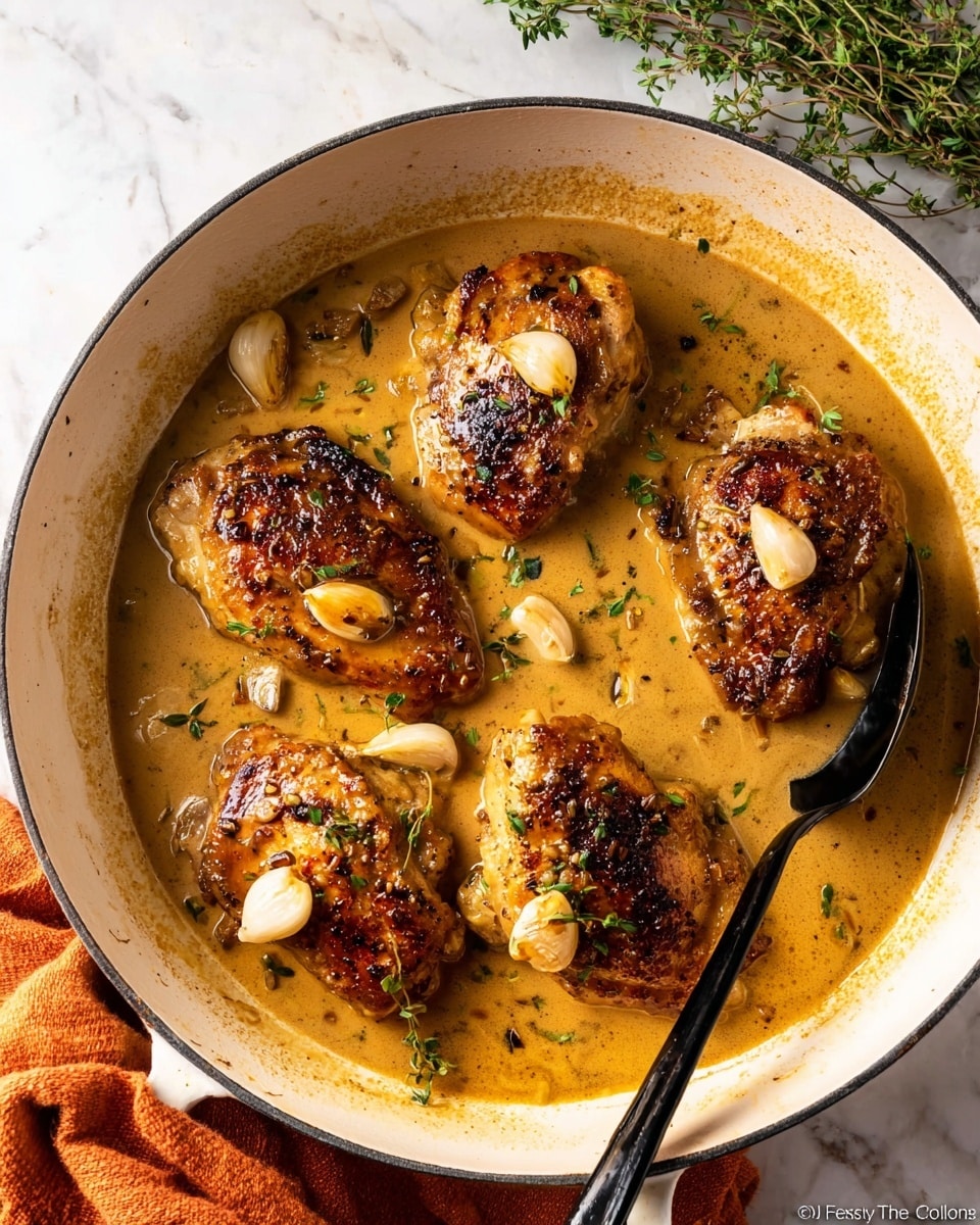 The image shows a white cast iron pan filled with four golden brown cooked chicken pieces in a thick, light brown sauce. Each chicken piece has a crispy texture with some charred spots and is topped with whole garlic cloves and small green herbs scattered around. The sauce surrounds the chicken, looking creamy and smooth. A black metal spoon rests in the sauce on the right side of the pan. The background is a white marbled surface with some green herbs and an orange cloth partially visible near the pan. photo taken with an iphone --ar 4:5 --v 7
