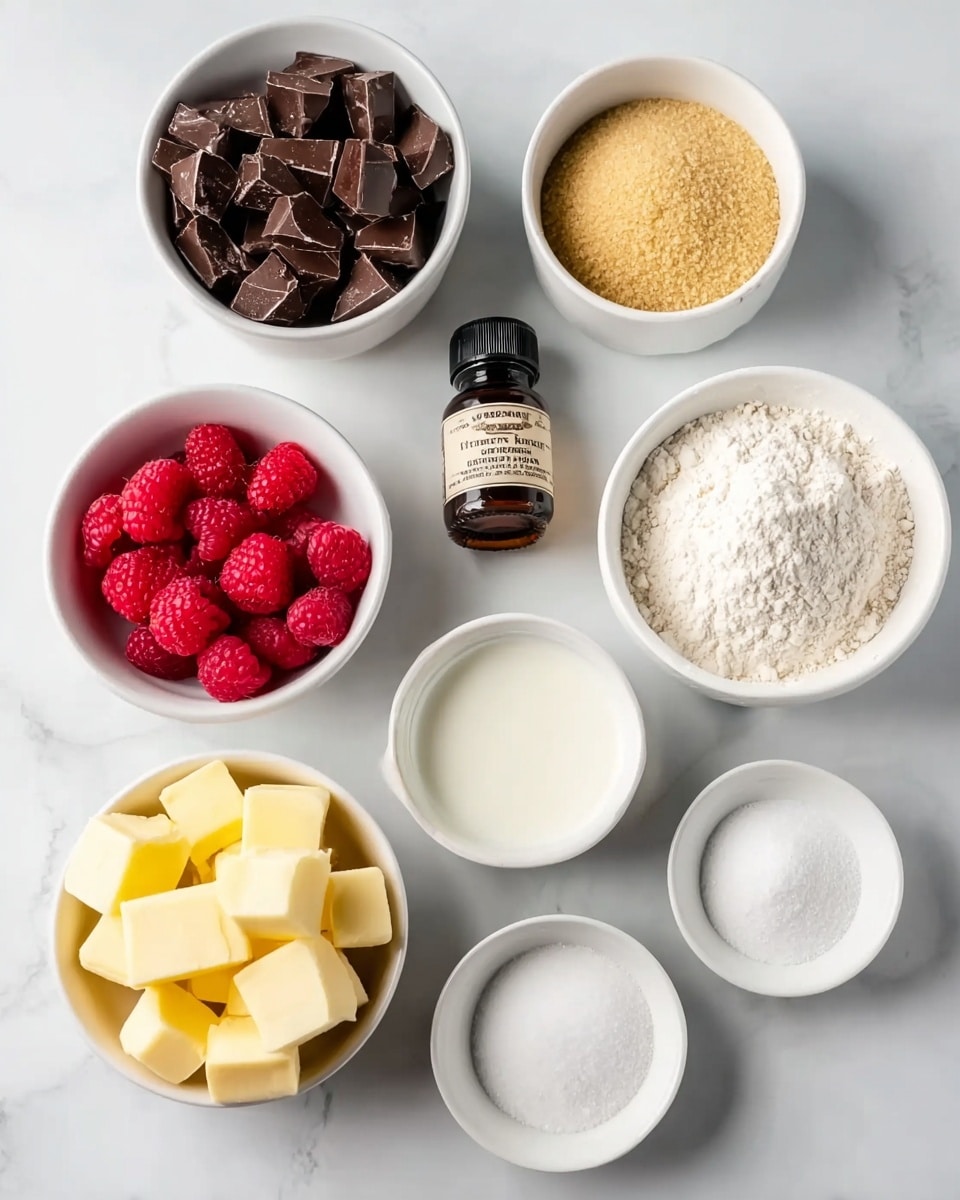 The image shows nine small white bowls and one small brown bottle arranged on a white marbled surface. The top row has a bowl filled with shiny dark chocolate chunks on the left, a bowl of golden brown sugar in the middle, and a bowl of white flour on the right. Below the chocolate, there is a small bowl with bright red raspberries, and next to it is the small brown bottle of vanilla extract with a black cap. Under the raspberries is a small bowl with a white liquid, likely cream, placed in the middle. Below the flour is a bowl with yellow butter cubes. At the bottom, there are three small white bowls containing white granulated sugar, fine white salt, and another white powdery ingredient. The overall look is neat, colorful, and clean. Photo taken with an iphone --ar 4:5 --v 7