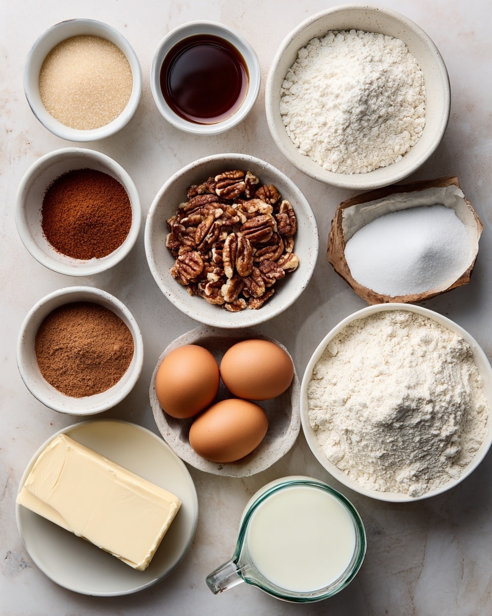 This image shows ingredients for baking arranged neatly on a white marbled surface. There are thirteen white bowls and containers, each containing a different ingredient: one bowl with salt which is pale and grainy, one with vanilla extract that is dark brown liquid, one with chopped pecans showing small brown nut pieces, one with brown sugar with a light brown crumbly texture, one with white sugar, one with baking powder and one with baking soda both white powders, one with cinnamon which is fine and reddish-brown, one larger bowl holding all-purpose flour which is off-white and powdery, a small glass jar filled with heavy cream that is white and smooth, a measuring cup filled with milk that is white liquid, two brown eggs without any container, and a stick of butter that is pale yellow and wrapped in paper with a small unwrapped cube next to it. The items are arranged in an orderly fashion with clear labels in the center of each bowl or container. photo taken with an iphone --ar 4:5 --v 7