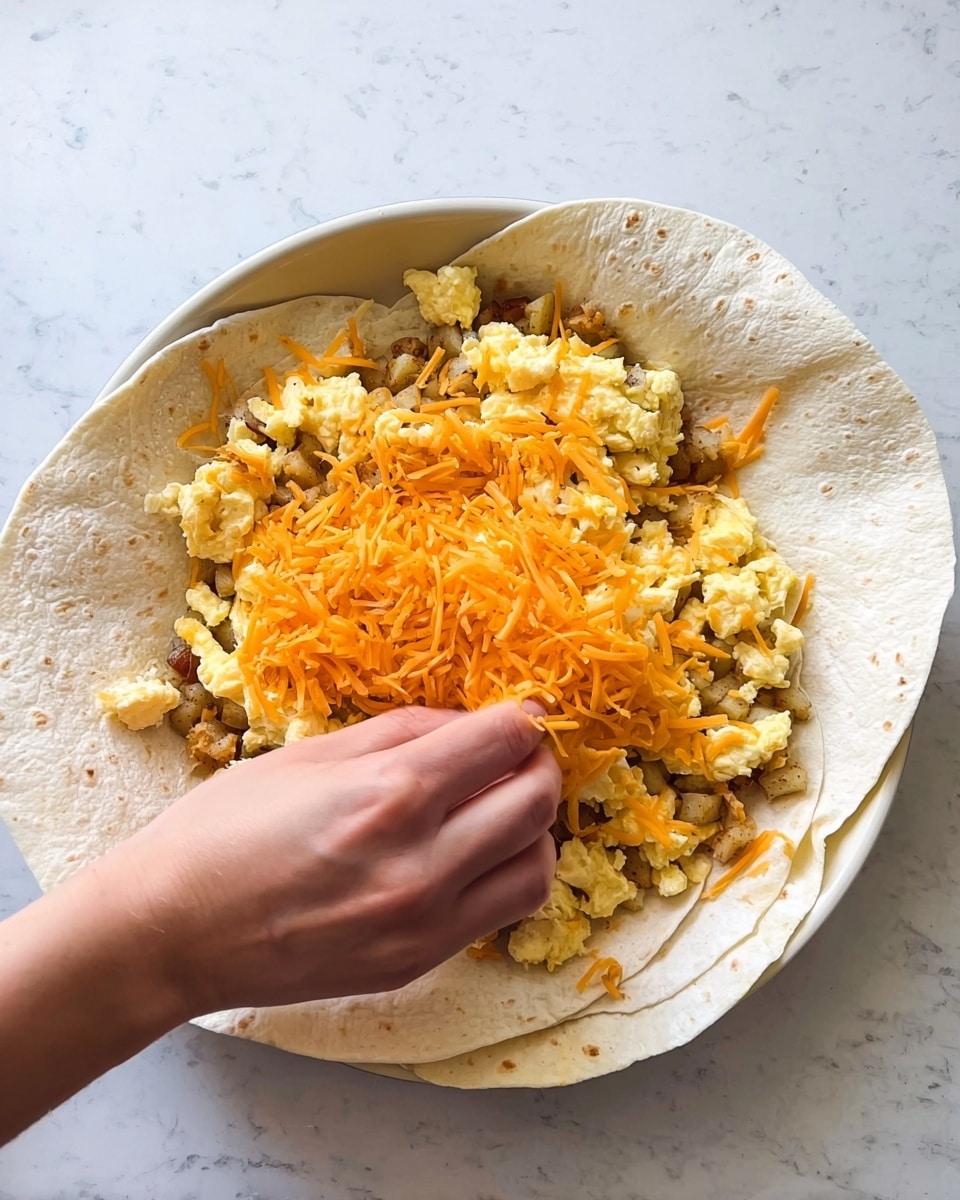 A white tortilla lines a round baking dish with several layers, slightly overlapping at the edges. On the tortilla, there is a layer of small, browned potato pieces at the bottom, topped with scrambled yellow eggs that have a soft texture. Shredded orange cheddar cheese is being sprinkled by a woman's hand over the eggs, adding a splash of color and texture. The scene is set on a white marbled surface. Photo taken with an iphone --ar 4:5 --v 7