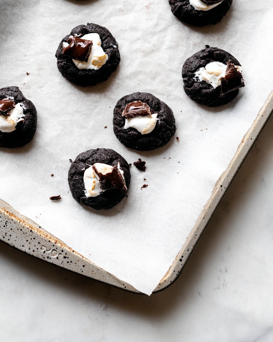 The image shows six small dark black cookies on a baking sheet lined with white parchment paper, placed on a white marbled surface. Each cookie has a rough, slightly cracked texture and is topped with a small layer of white marshmallow that looks soft and slightly melted, with a small piece of chocolate embedded in the marshmallow on each cookie. The baking sheet has a light grey color with tiny black specks and a raised edge visible on two sides. There are some crumbs scattered around the cookies, adding a casual, homemade feel to the scene. photo taken with an iphone --ar 4:5 --v 7