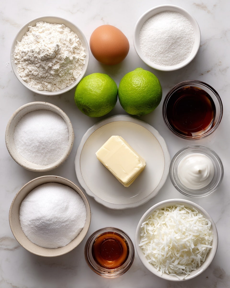 The image shows various baking ingredients arranged neatly on a white marbled surface. There are two whole bright green limes near the center, with a brown egg and a stick of butter wrapped in paper positioned close by. Around these are small white bowls filled with different powders and liquids: flour with a fine, soft texture, sugar with a granulated look, and confectioners’ sugar that appears very smooth and powdery. There are also glass bowls holding white baking soda powder, salt, sour cream with a creamy texture, vanilla extract and coconut extract both in dark amber liquid form, plus a bowl filled with white shredded coconut. All items are spaced evenly, showing clear textures and natural colors. photo taken with an iphone --ar 4:5 --v 7