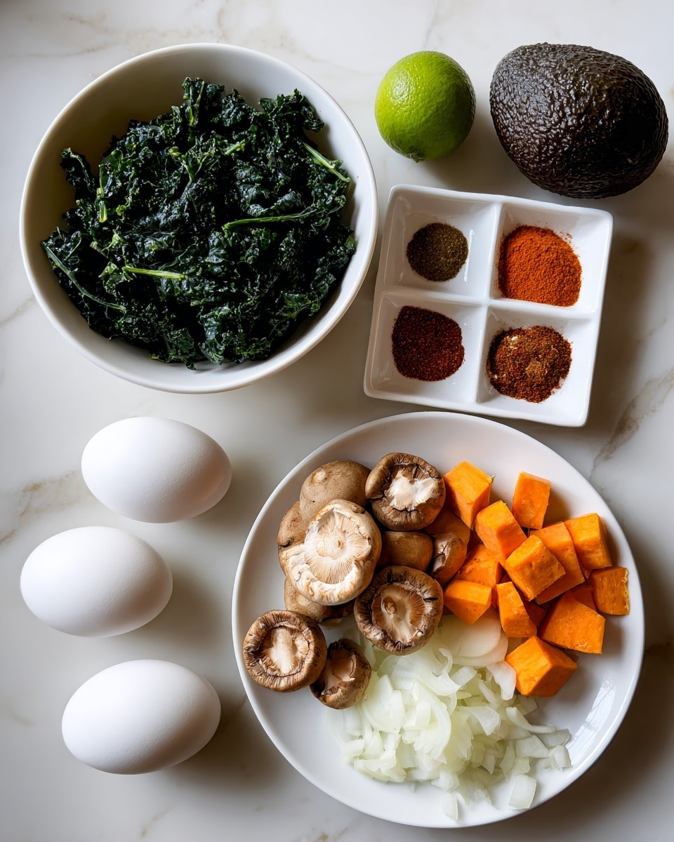 The image shows several white dishes with fresh ingredients on a white marbled background. One white bowl is filled with dark green chopped kale pieces on the left side of the image. Near the top center, there is a whole avocado with dark bumpy skin next to a small green lime. On the right, a white dish holds six different reddish and brown spices, arranged in small piles, including paprika, cumin, chili, garlic, onion, and cayenne. At the bottom, a large white plate contains light brown sliced mushrooms on the top right, bright orange diced sweet potato on the bottom right, and small white diced onion pieces on the bottom left. Two whole white eggs rest on the left side of the plate, near the diced onion. All items are neatly arranged with clear labels identifying each ingredient. Photo taken with an iphone --ar 4:5 --v 7