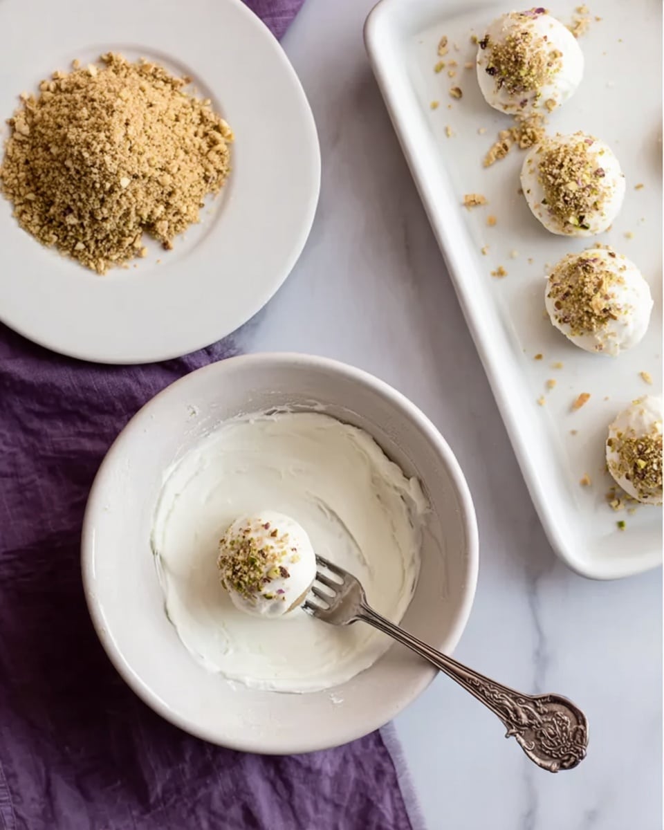 The image shows a white bowl with smooth white frosting coating its inside, and a silver fork holding a ball of light brown dough above it. To the right is a white tray with four balls of the same light brown dough, half coated in white frosting and sprinkled with chopped nuts. On the upper left, a white plate holds a heap of finely chopped nuts, all placed on a white marbled surface with a purple cloth underneath part of the bowl and plate. Photo taken with an iphone --ar 4:5 --v 7