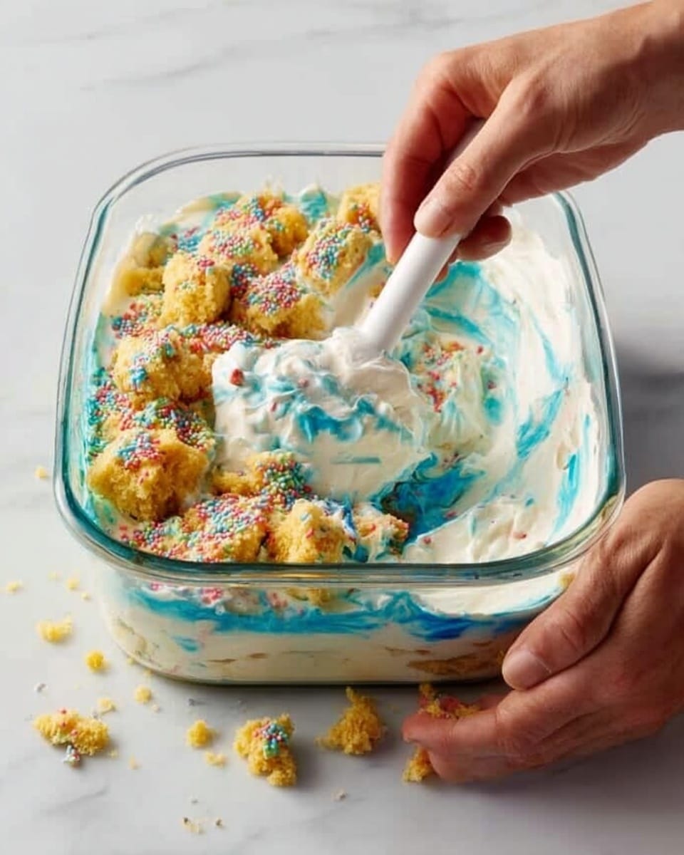 A clear glass dish filled with two layers: the bottom layer consists of broken pieces of a light beige cake with colorful sprinkles, and the top layer is a creamy mixture of melted white and light blue ice cream with rainbow sprinkles scattered throughout. The ice cream looks soft and partially melted, blending into the cake pieces beneath. In the background on the white marbled surface, there are cupcakes with blue frosting and some loose sprinkles around the dish. Photo taken with an iphone --ar 4:5 --v 7