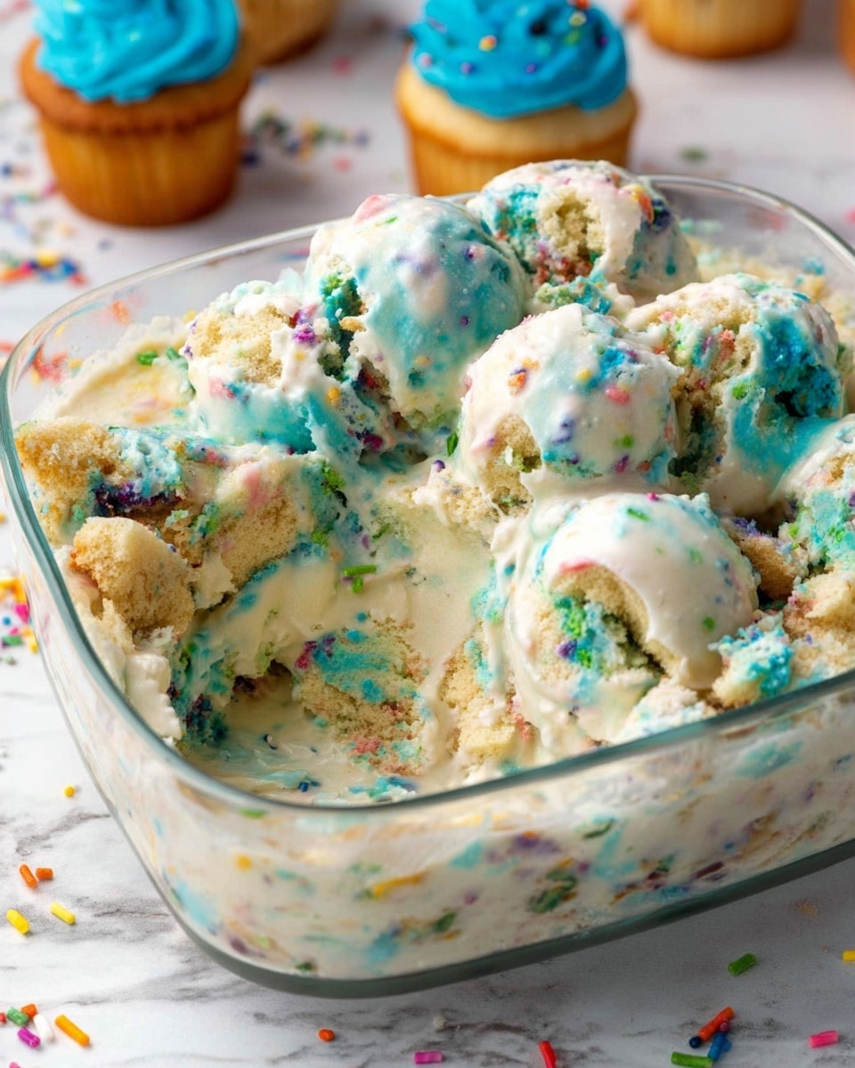 A clear glass dish with layers of white cream mixed with blue swirls at the bottom, topped with chunks of yellow cake with colorful sprinkles scattered on top. A woman's hand holds a white spatula spreading the cream and cake pieces inside the dish, while another woman's hand steadies the dish from the side. The dish sits on a white marbled surface with some cake crumbs nearby. photo taken with an iphone --ar 4:5 --v 7