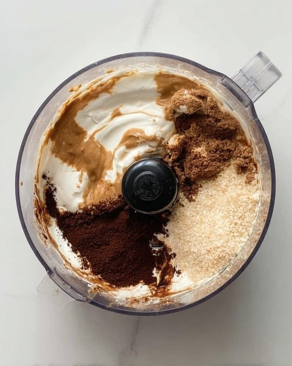 The image shows a clear food processor bowl on a white marbled surface with five separate layers inside. Starting from the top left going clockwise, there is a thick white creamy layer, next to it a light brown creamy drizzle, then a dark brown powder layer, a dark liquid layer, and finally a grainy beige layer. All layers are unmixed and clearly visible. Photo taken with an iphone --ar 4:5 --v 7