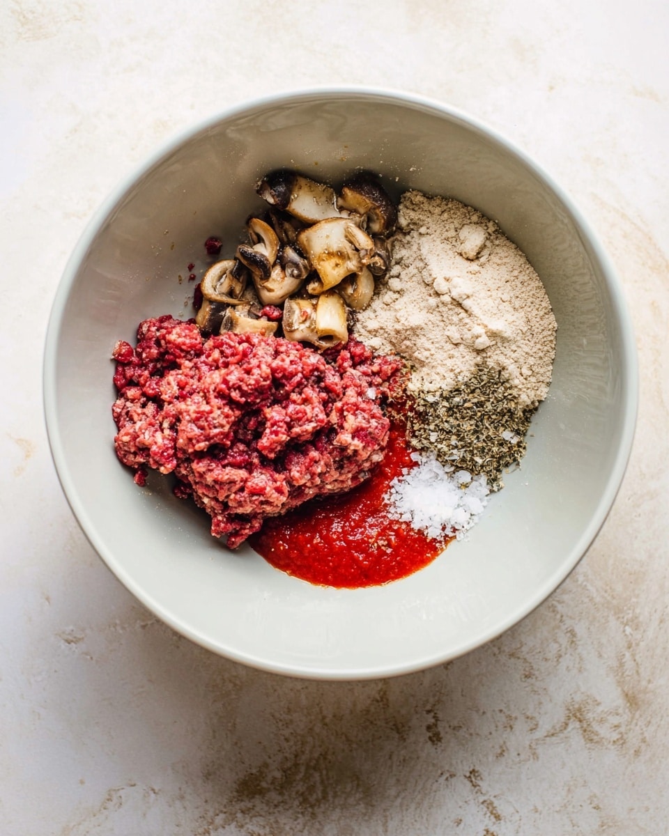 A white bowl sits on a white marbled surface, filled with five distinct ingredients layered side by side but not mixed. In the top right, there is a light beige powdery layer, next to it on the left is a mound of raw, red ground meat. Below the meat, slightly to the left, are small pieces of cooked, golden-brown chopped mushrooms. To the right of the mushrooms and below the powder, there is a bright red sauce with a smooth texture. On top of the meat, scattered near the sauce, is a small pile of white granules resembling salt. The bowl is viewed from above in soft, natural light. photo taken with an iphone --ar 4:5 --v 7