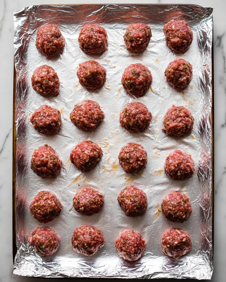 The image shows a white baking tray lined with crinkled silver foil. On the foil, there are 21 evenly spaced raw meatballs arranged in rows. Each meatball is a rough sphere with a mixed texture of ground meat in shades of pink, red, and brown, showing bits of seasoning and herbs embedded in the meat. The surface of the meatballs looks dense but slightly uneven. The background beneath the tray is a white marbled texture. photo taken with an iphone --ar 4:5 --v 7