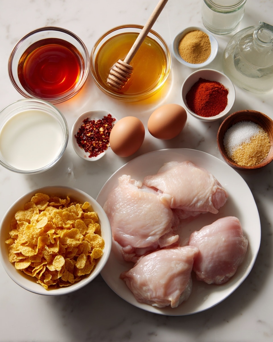 A white plate holds four raw boneless chicken thighs with pale pink flesh and smooth texture, positioned near bowls and cups with various ingredients on a white marbled surface. A white bowl at the bottom center is filled with crunchy, golden cornflakes. Near it, a small white bowl holds two brown eggs. A clear glass contains white buttermilk on the lower left. A small white bowl with red chili flakes sits beside the buttermilk. Above it, a white bowl contains amber-colored honey with a wooden dipper resting inside. A small white bowl with bright red hot sauce lies near a tiny wooden bowl filled with white salt. Another white bowl with three powders—smoked paprika in deep red, onion powder in light yellow, and garlic powder in pale off-white—is positioned above the chicken. A glass jar of clear vinegar is placed near the top right. Photo taken with an iphone --ar 4:5 --v 7