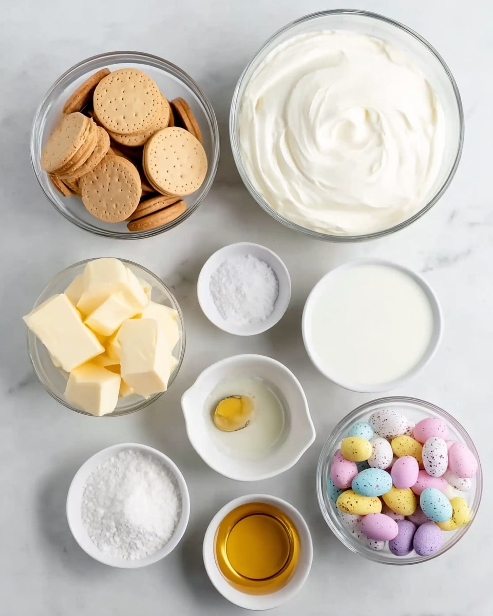 Seven clear and white bowls are arranged on a white marbled surface. At the top center is a large clear bowl filled with thick white cream. To the left of it is a medium clear bowl holding round light brown biscuits and a couple of long sticks. On the right side is another large clear bowl filled with white milk. In the front row, from left to right, there is a small white bowl with cubed yellow butter, a small white bowl with white granulated sugar, a small white bowl with golden liquid vanilla extract, and another small white bowl filled with pastel-colored speckled candy eggs in pink, yellow, white, and purple shades. photo taken with an iphone --ar 4:5 --v 7