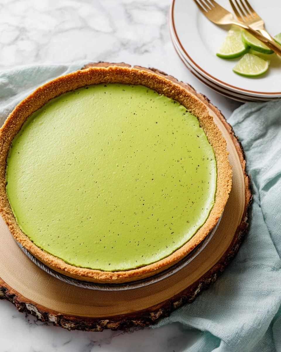 This image shows a green pie on a round wooden board. The pie has one layer: a smooth, bright green filling with tiny dark specks and a light golden brown crust around the edge that is slightly wavy. The wooden board has a bark edge and is placed on a white marbled texture. To the right, there is a white plate with a thin brown rim, placed on a light blue cloth, with lime wedges between the plate and the pie, and a gold fork partially visible under the cloth. Photo taken with an iphone --ar 4:5 --v 7