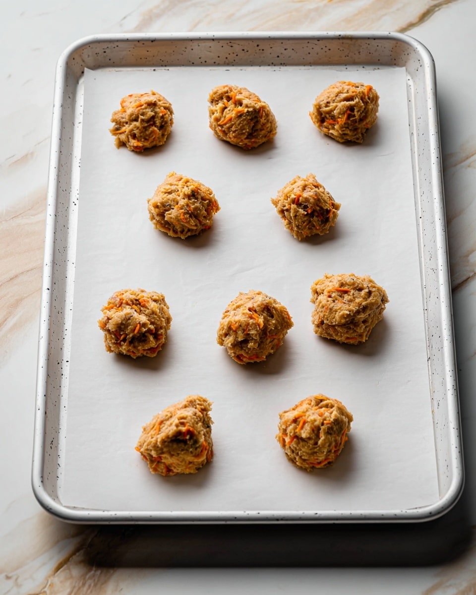 There are nine small, rough-textured piles of raw cookie dough on a white rectangular baking tray lined with white parchment paper. The dough is light brown with visible orange shreds mixed in, giving it a slightly uneven, chunky look. The baking tray has speckles and sits on a white marbled surface with gray and beige veins. The dough piles are spaced evenly, with some irregularities in shape. Photo taken with an iphone --ar 4:5 --v 7