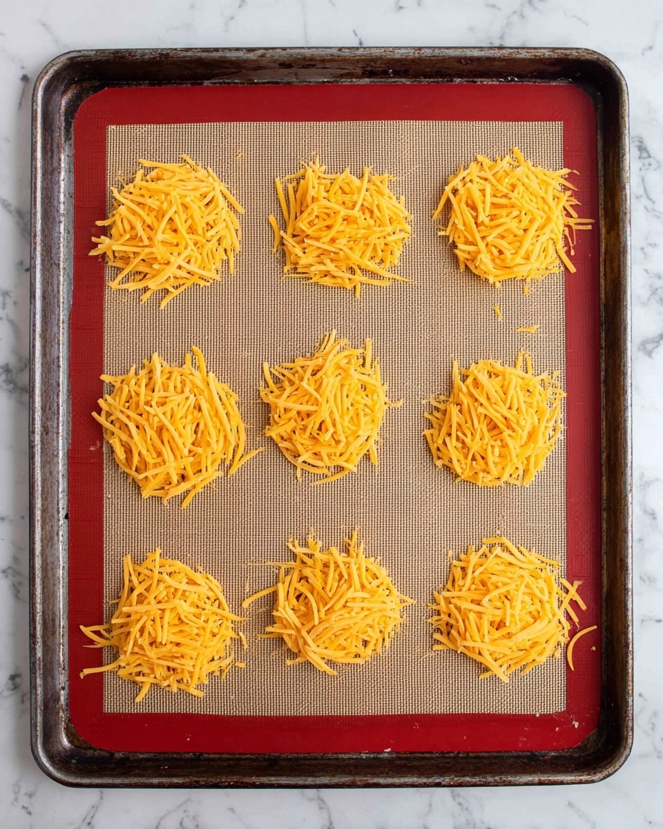 This image shows a dark metal baking tray with a red and beige non-stick mat on top. On the mat, there are eight small, round piles of shredded yellow-orange cheese arranged in two rows of four. Each pile is evenly spaced and has a loose, textured appearance with thin, short strands of cheese layered in a circular shape. The tray is placed on a white marbled surface. photo taken with an iphone --ar 4:5 --v 7
