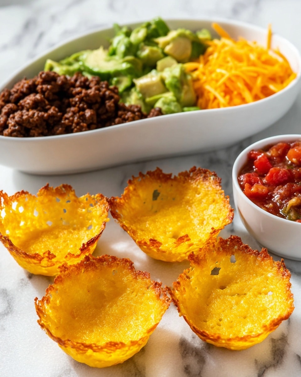 The image shows four crispy, golden-yellow cheese cups with slightly uneven edges and small holes, placed on a white marbled surface. Behind them, there is a white bowl divided into three sections: bright green chunky avocado pieces on the left, dark brown cooked ground meat in the middle, and shredded orange cheddar cheese on the right. Next to the bowl, there is a small white bowl filled with chunky red salsa that has visible pieces of tomatoes and green peppers. The overall setting is bright with natural light, and the textures of the crispy cheese cups and fresh ingredients are clear. photo taken with an iphone --ar 4:5 --v 7