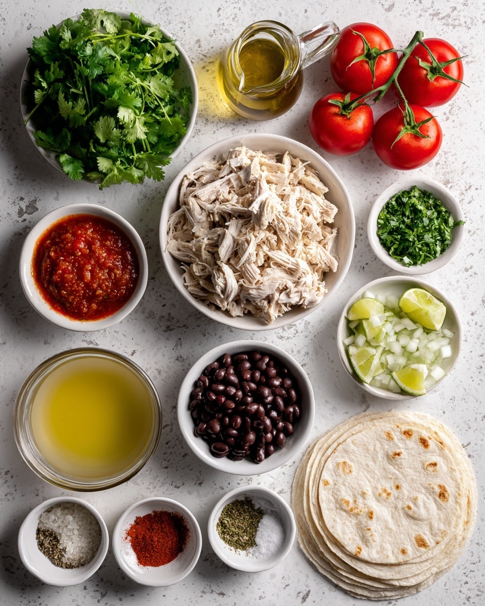 A white marbled surface holds several white bowls and plates with fresh ingredients arranged neatly. At the top left, a bunch of green coriander leaves with textured edges creates a leafy mound. To the right, a cluster of four red tomatoes with green stems sits beside a small white pitcher of golden olive oil. Below the tomatoes, a small white bowl filled with diced white onions shows a rough, chunky texture. In the center left, a larger white bowl contains shredded light beige rotisserie chicken with fibrous texture. Below is a small glass bowl of light yellow chicken broth beside a small white bowl of deep red tomato paste with a smooth texture. A white bowl filled with shiny black beans with a slightly wrinkled surface rests nearby. There are three lime halves with bright green skin and pale green flesh scattered next to the bowls. A small pile of chopped bright green herbs lies in a white bowl to the right. Near the bottom right corner, a stack of five soft white tortillas with faint brown spots adds a smooth round layer. Several small white bowls hold finely ground spices including shades of brown, orange, and green labeled as cumin, paprika, coriander, and oregano, with another bowl containing coarse salt and black pepper. A white cloth with black stripes is partially visible at the bottom left corner. The photo taken with an iphone --ar 4:5 --v 7