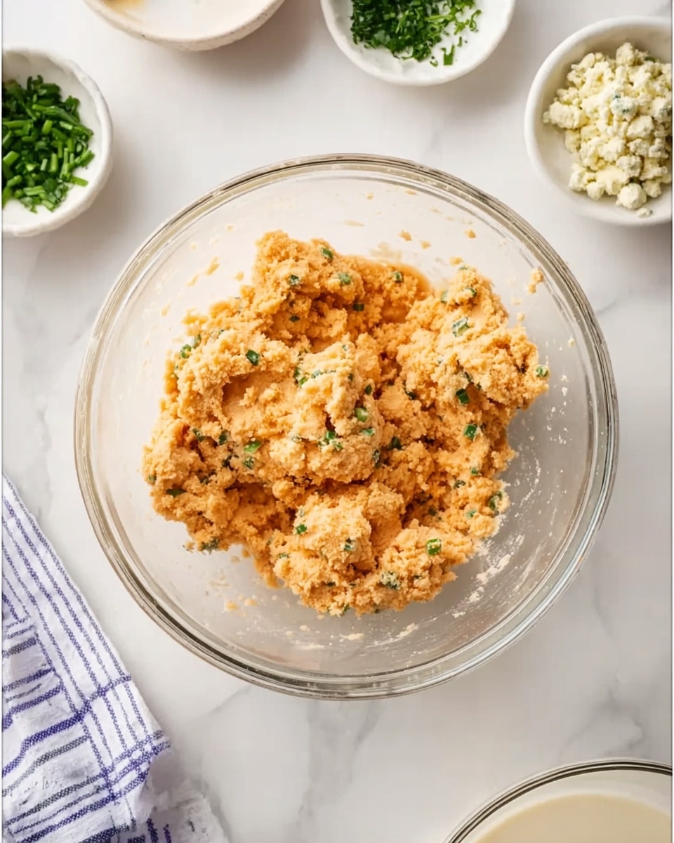 A clear glass bowl sits on a white marbled surface, filled with a mixture of light orange and pale beige chunky textured food, with small green flecks mixed throughout, giving it a slightly uneven and crumbly appearance. Around the bowl, there are small white bowls containing green herbs and a pale crumbly ingredient, as well as a white bowl with creamy white sauce, along with a corner of a white and blue striped cloth. The scene is bright and clean, with soft natural light illuminating the ingredients. photo taken with an iphone --ar 4:5 --v 7