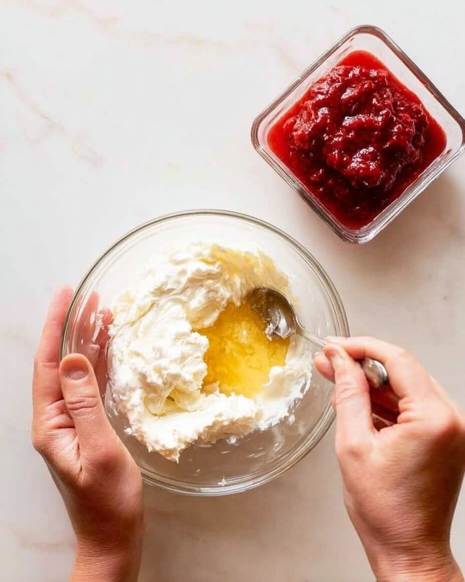 A clear glass bowl is held by a woman's hand on the left side while another woman's hand on the right is adding a spoonful of golden honey on top of a thick white creamy mixture inside the bowl. Next to the bowl on the right, there is a clear rectangular glass container filled with a bright red chunky sauce. The whole scene is set on a white marbled surface. photo taken with an iphone --ar 4:5 --v 7